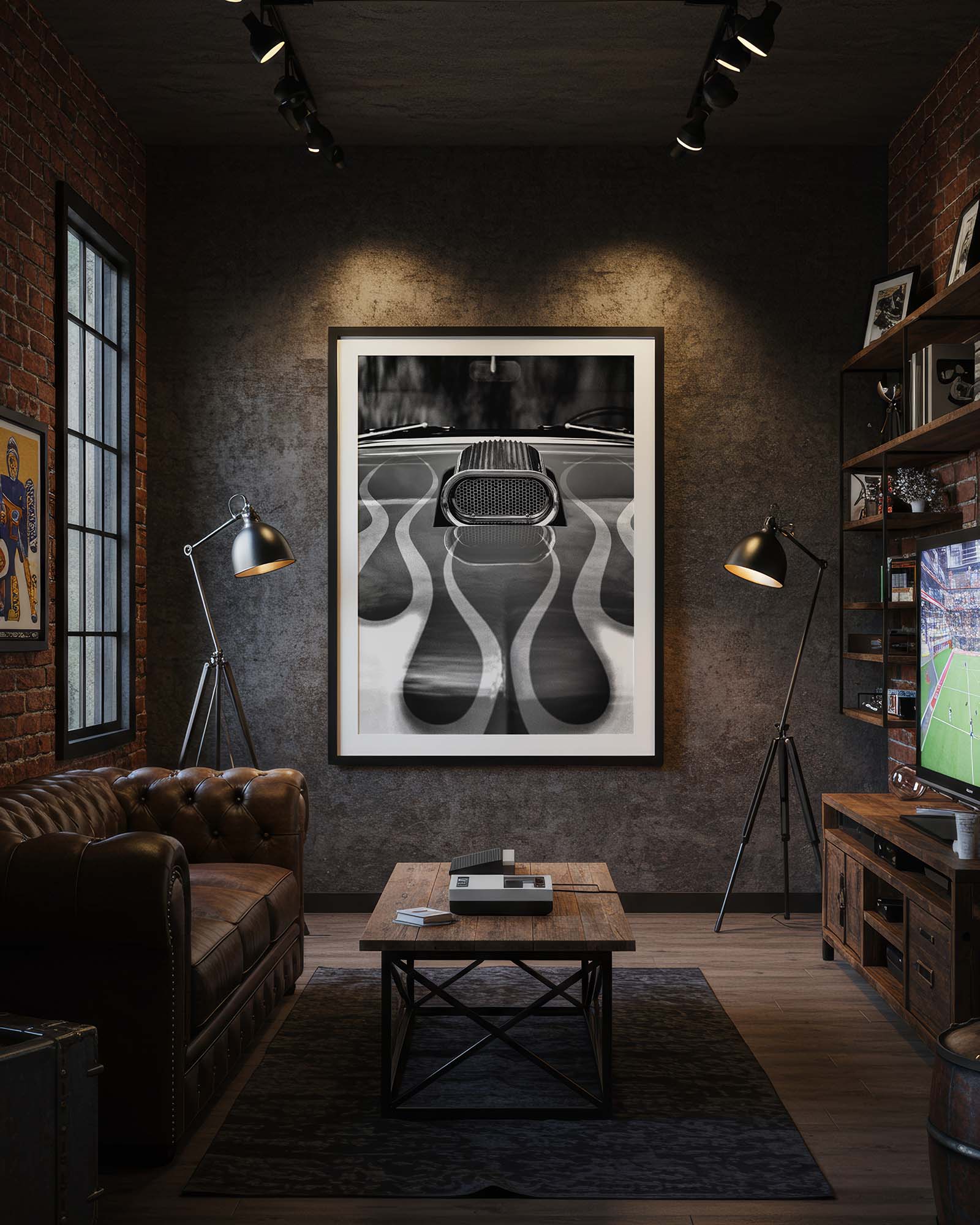Man cave style decor and interior design with a hot rod fine art print on the wall