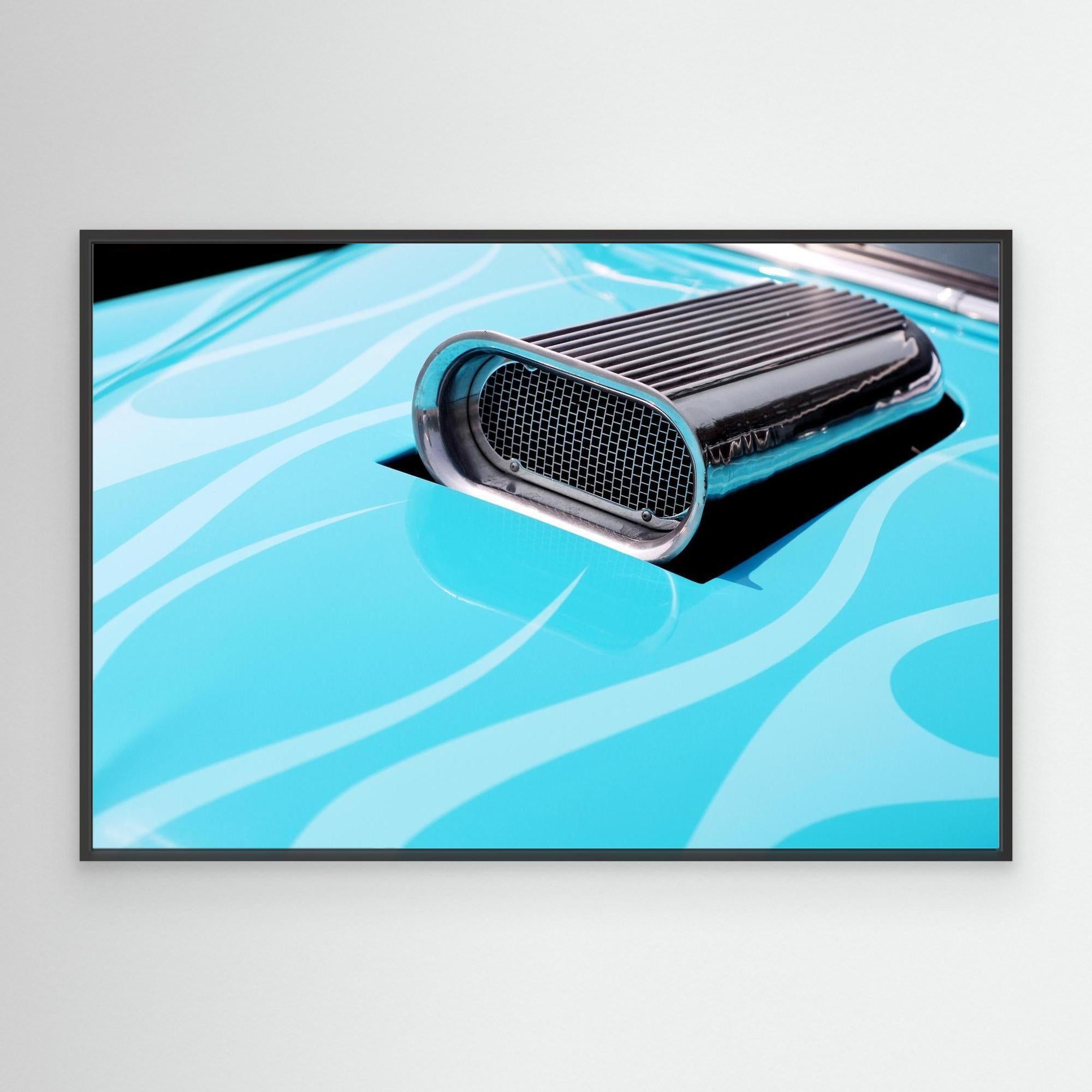 Framed fine art photography artwork of a car air vent on a blue flame background