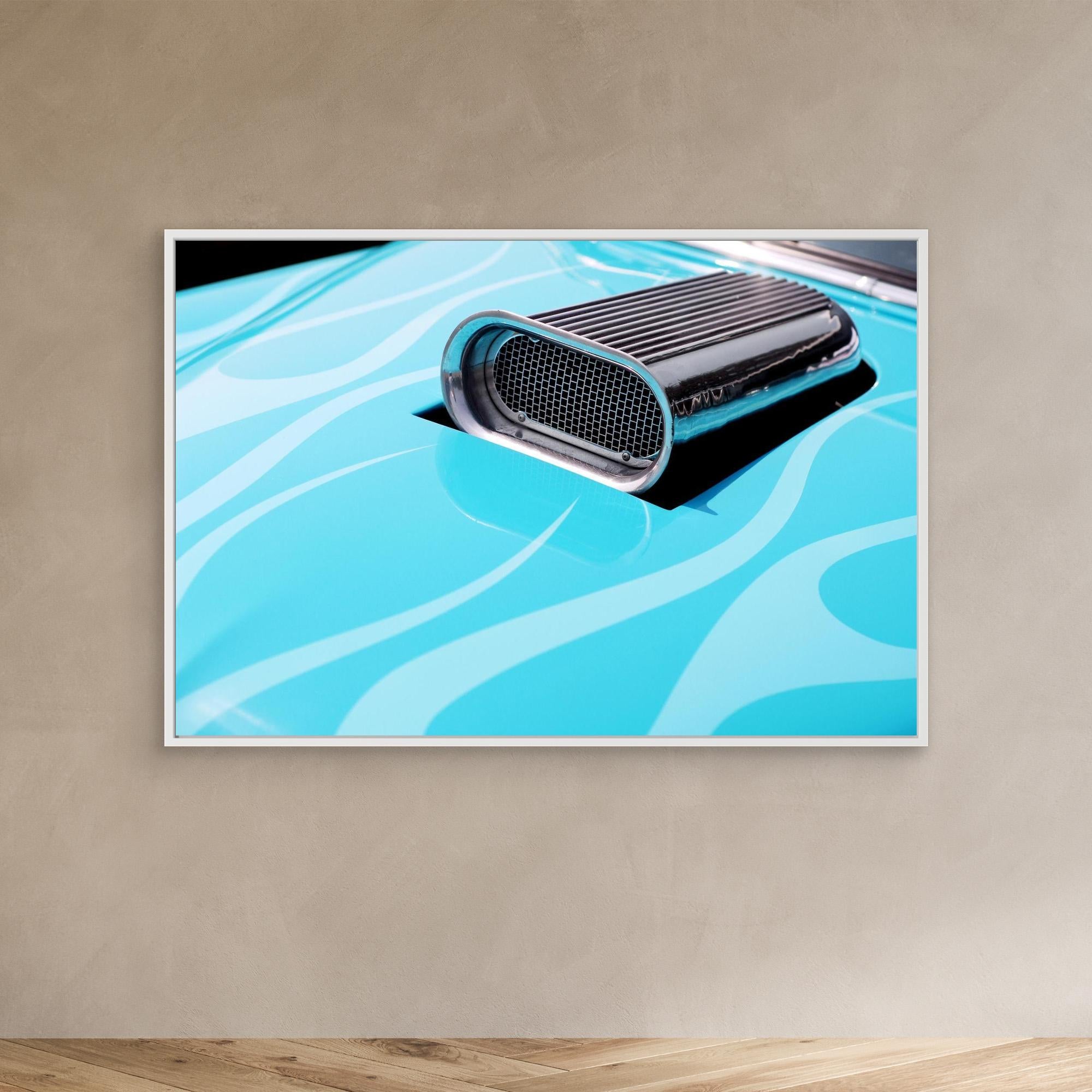 Framed fine art photography artwork of a car air vent on a blue flame background