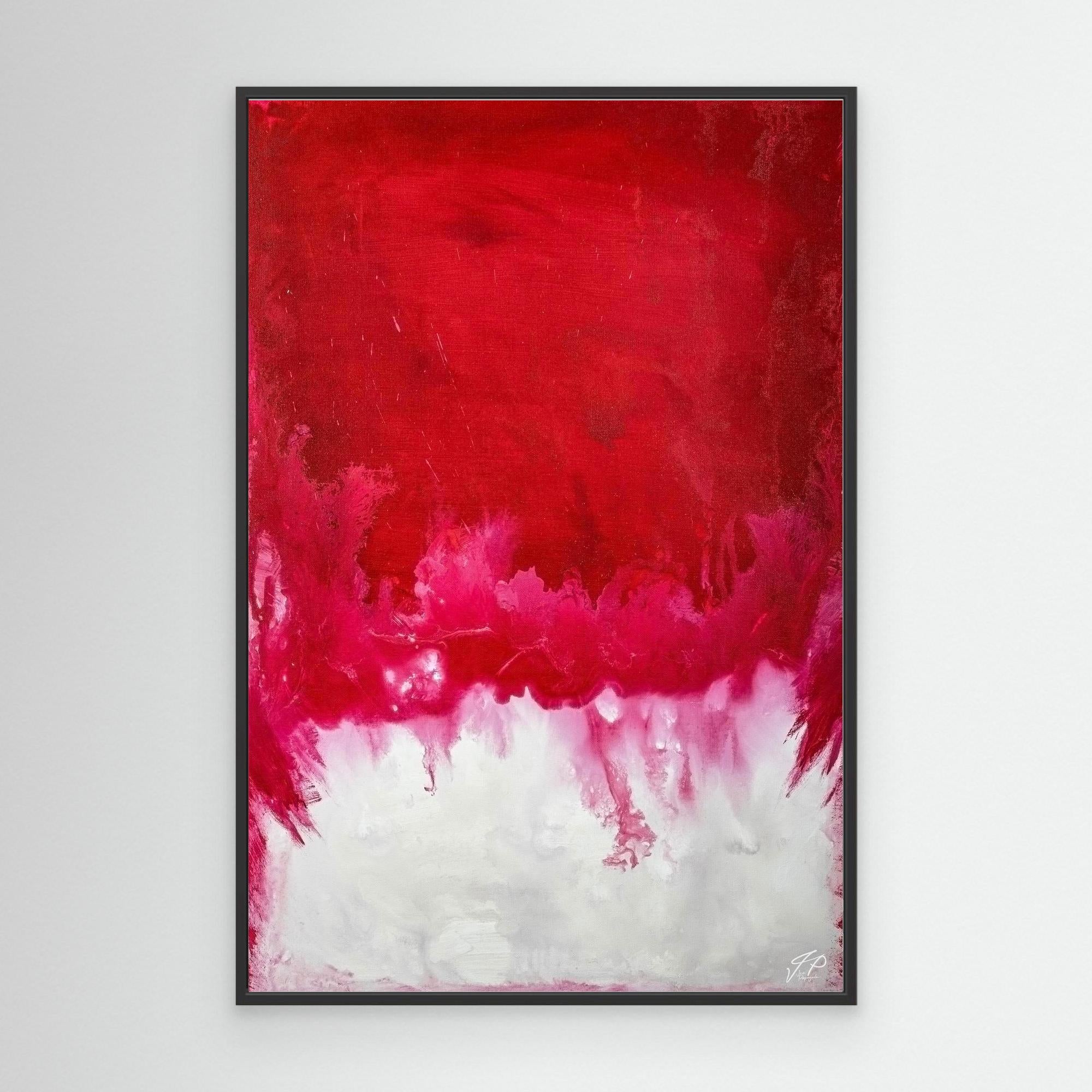 A framed abstract painting with predominantly red and white colors.