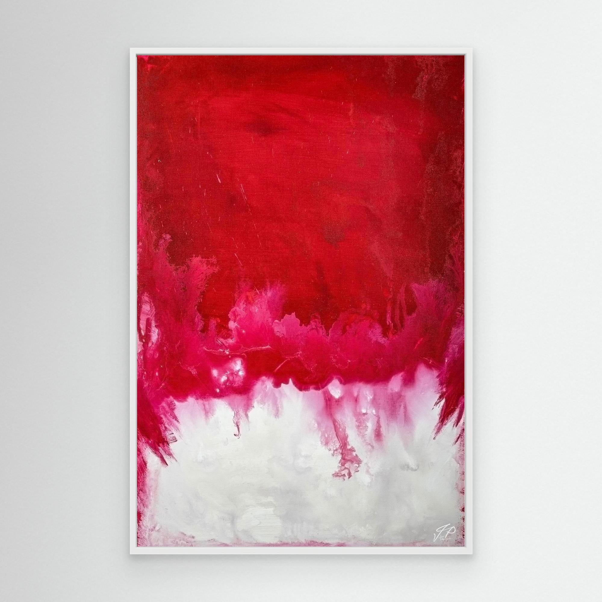 A framed abstract painting with predominantly red and white colors.