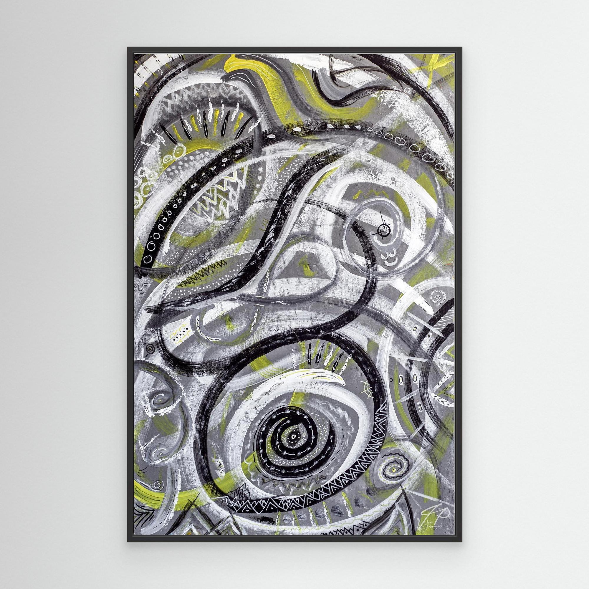 Abstract artwork with swirling black, white, and yellow lines, patterns, and circular shapes, framed on wall.