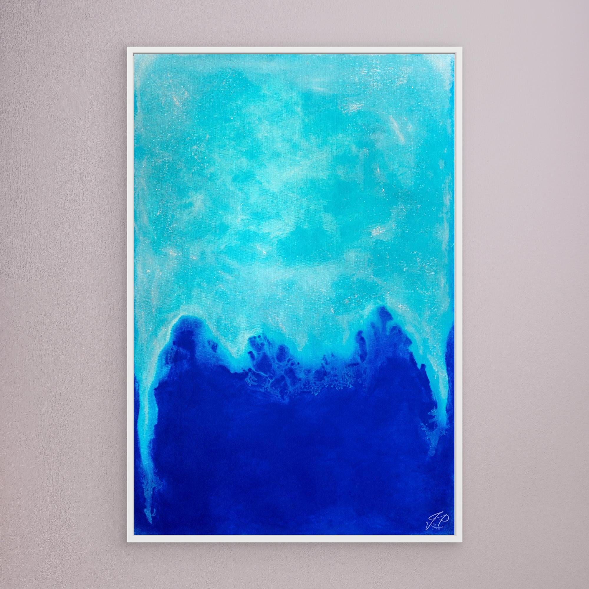 A tall canvas print with an abstract design featuring various shades of blue, with a darker blue at the bottom and lighter shades at the top, framed in white.