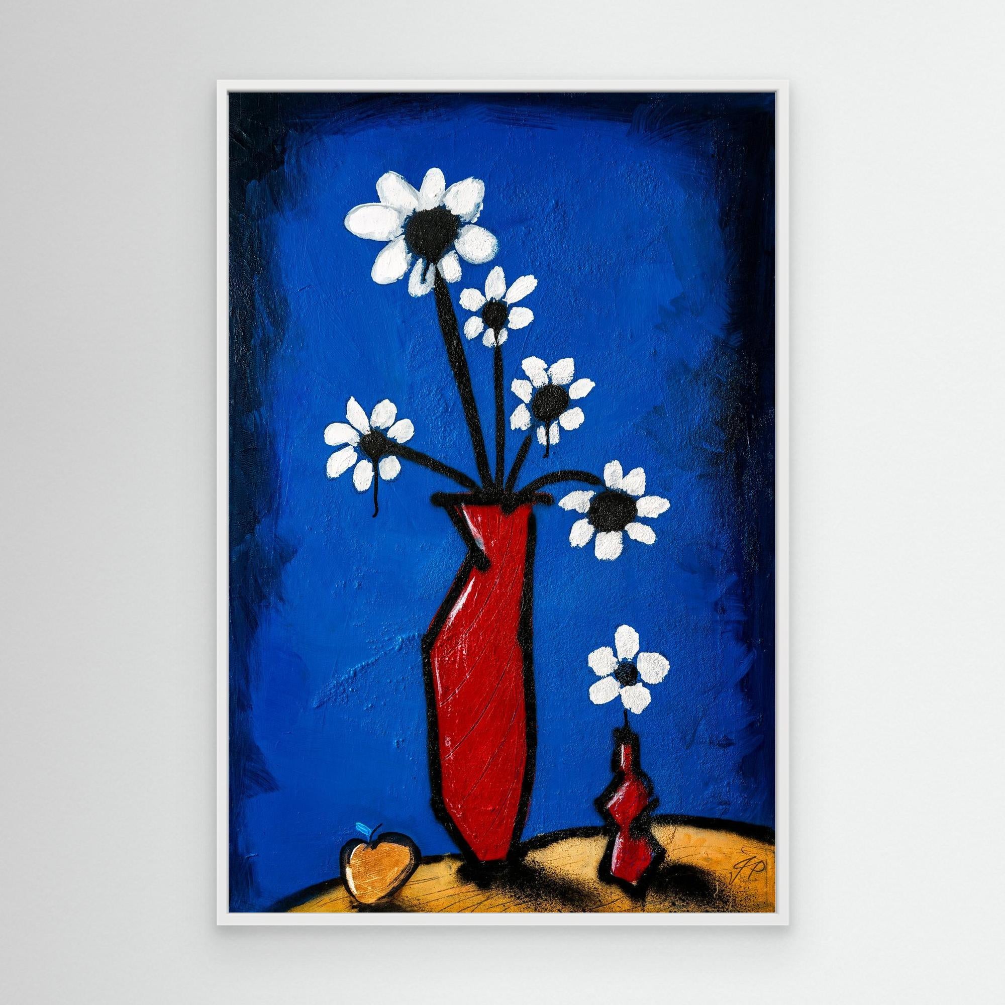Abstract painting of white flowers in a red vase, blue background, small vase, and yellow apple.