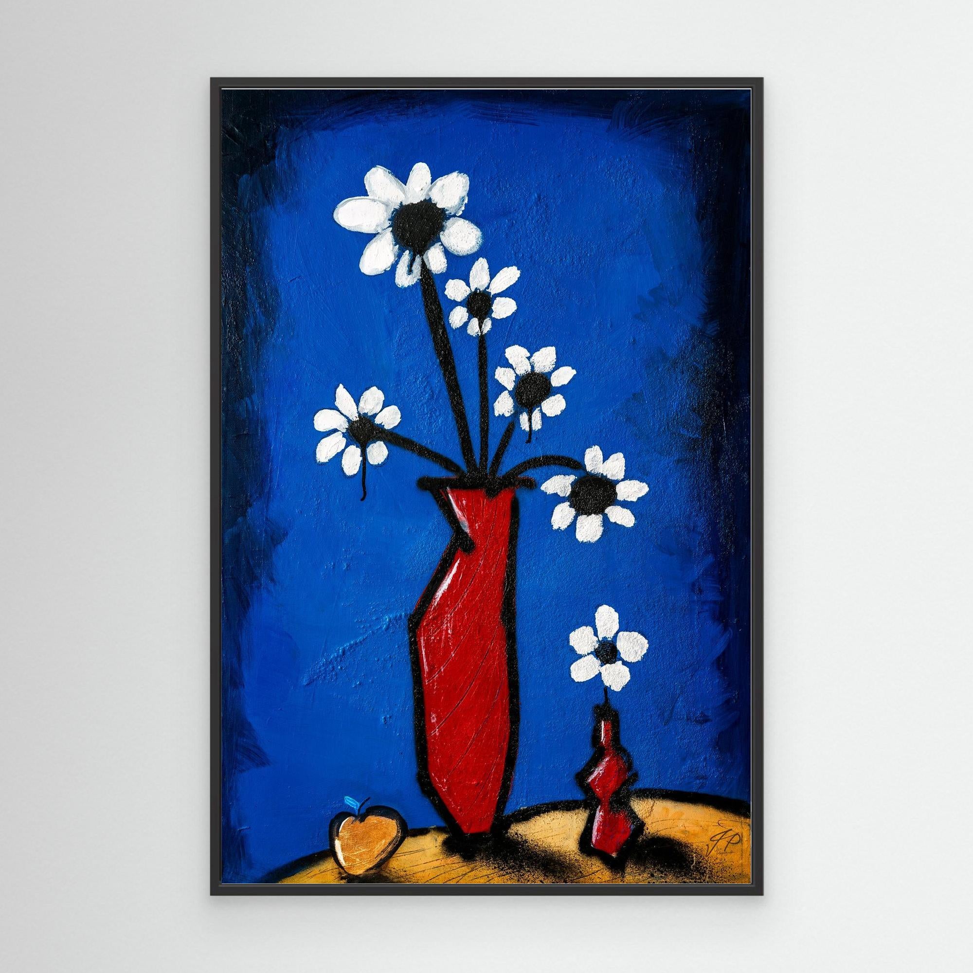 Abstract painting of white flowers in a red vase, blue background, small vase, and yellow apple.