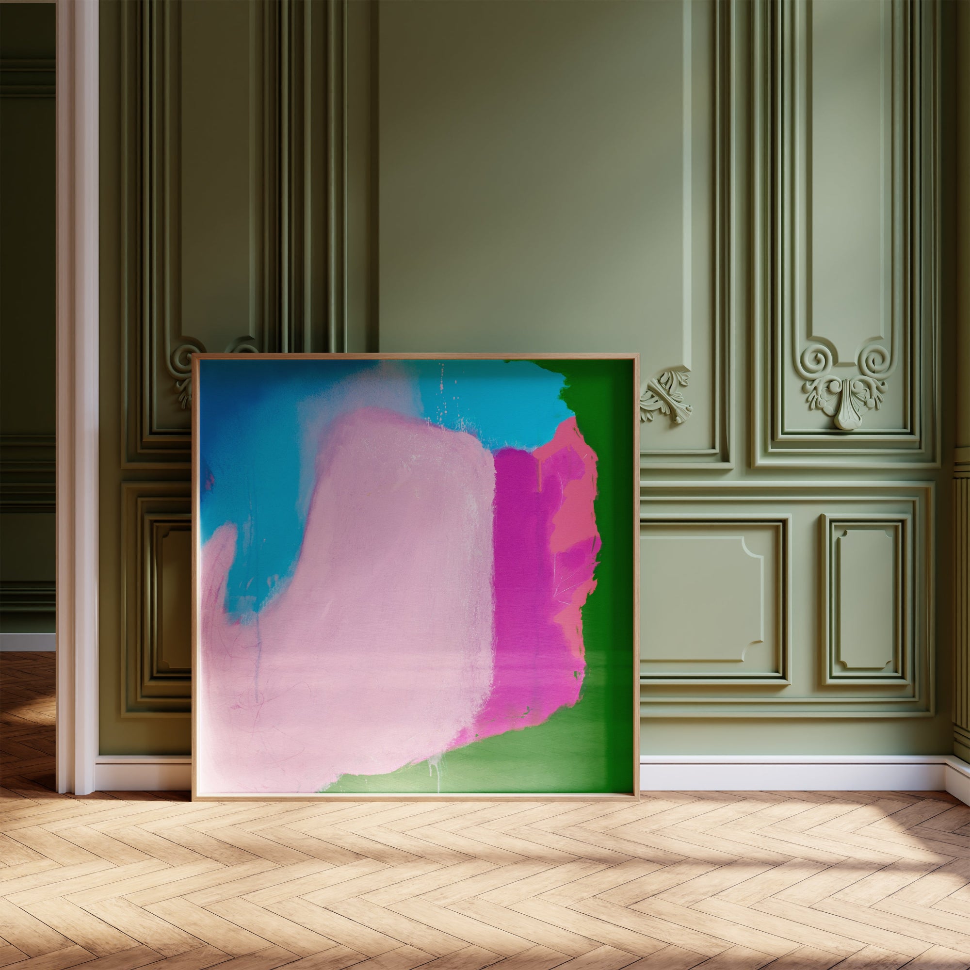 Colorful pink abstract art print in a solid wood frame in a modern art gallery in connecticut