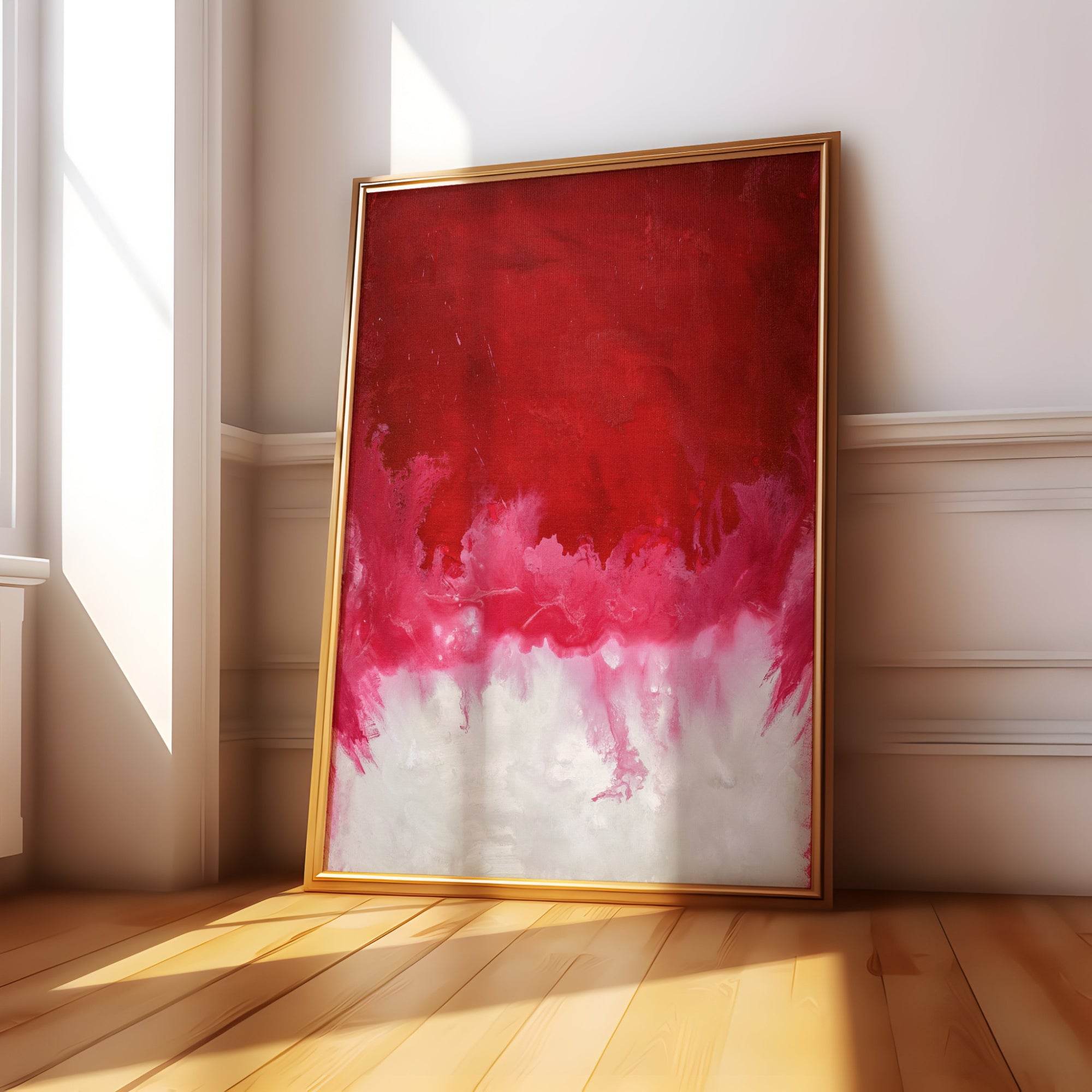 Colorful red and white abstract art print painting in a solid wood frame in a modern art gallery setting