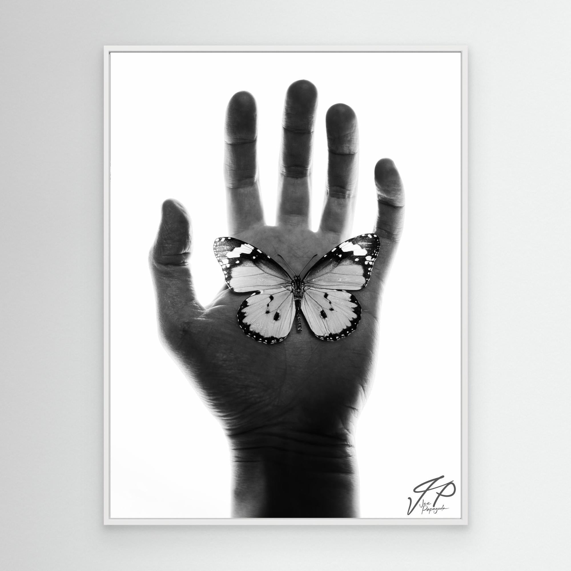 A black and white photograph of a butterfly perched on a person's hand, with a minimalist monochrome color scheme.