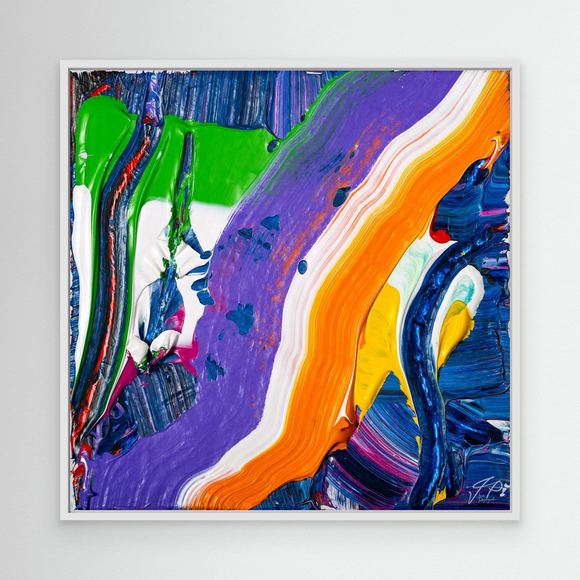 Vibrant abstract painting with sweeping strokes of purple, green, orange, yellow, white, and blue hues.