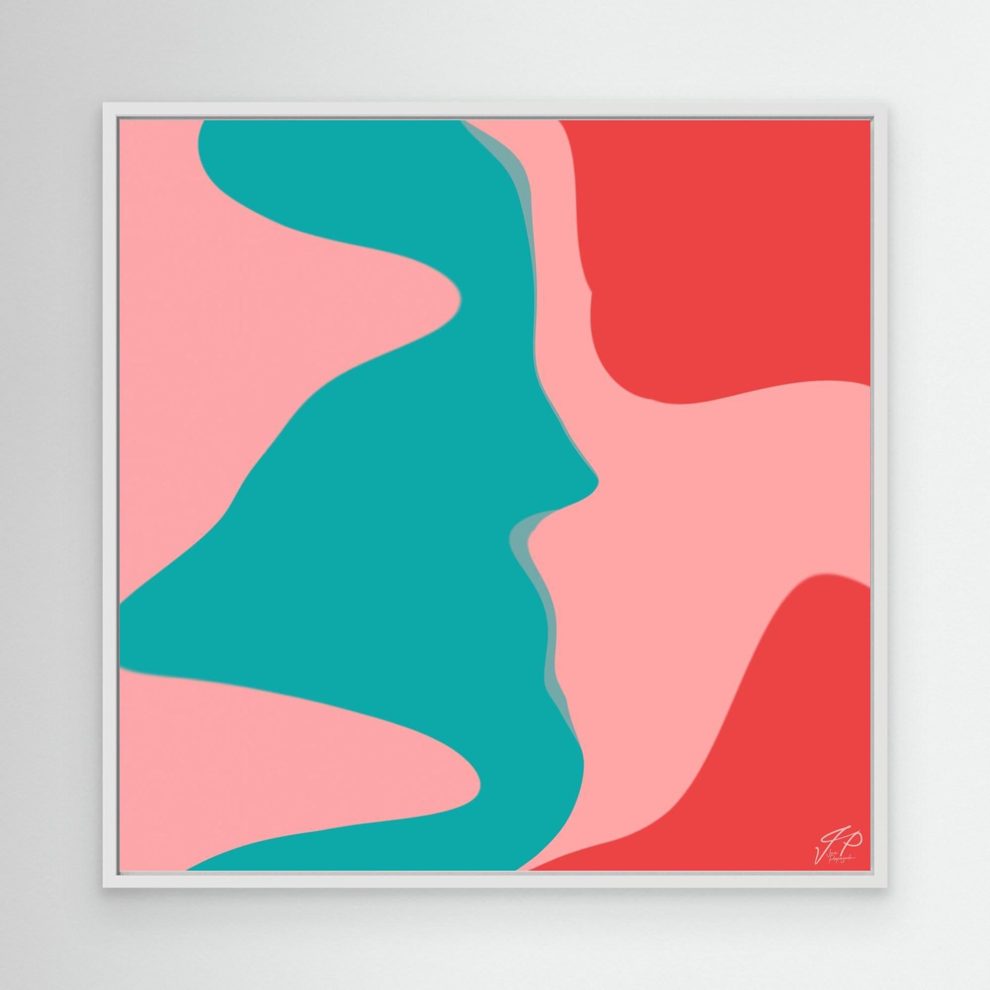 A canvas print with abstract minimalist artwork, featuring geometric shapes in blue, pink, and red on a white background, fully framed.