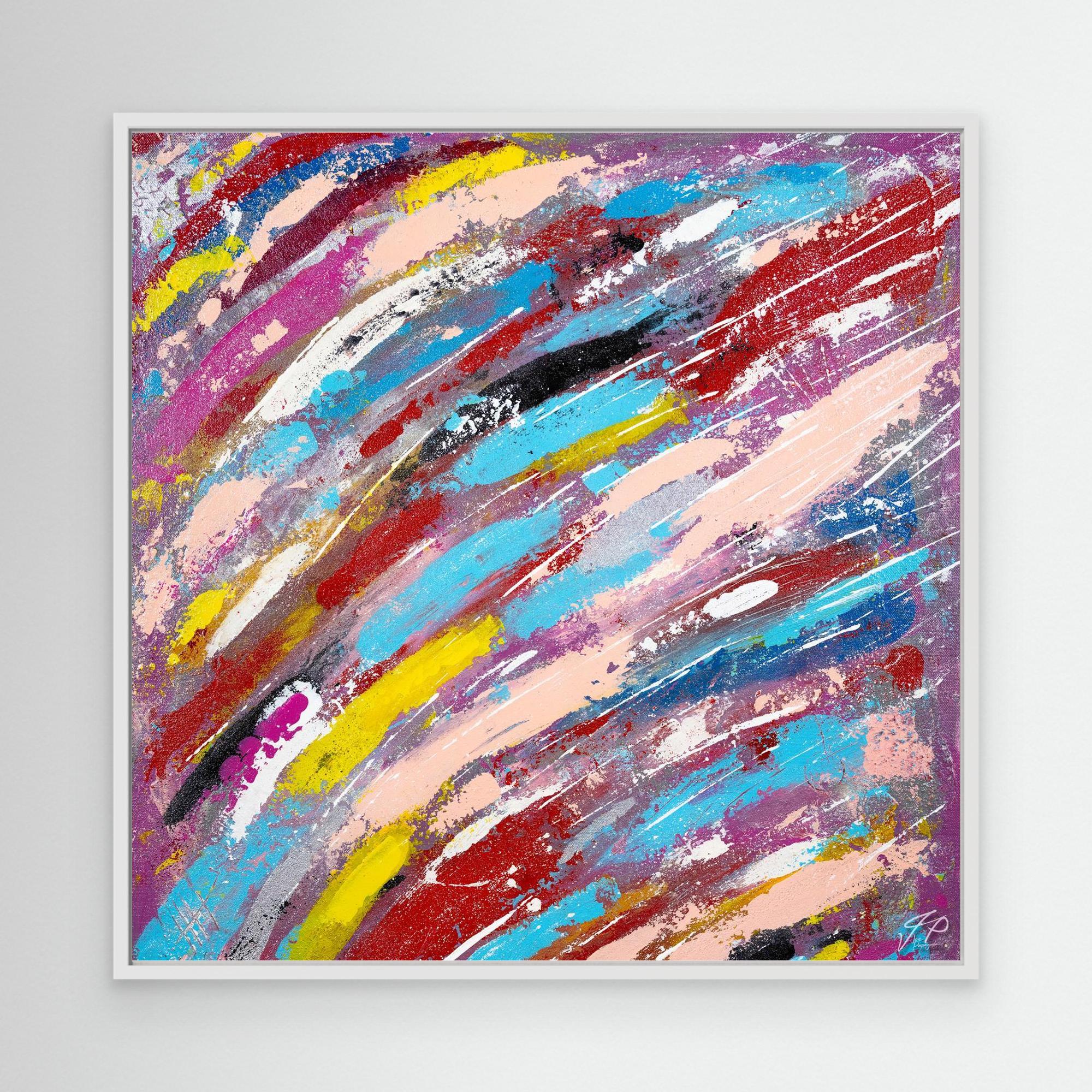 Abstract painting with dynamic, colorful streaks of yellow, blue, pink, red, and white, framed in white.