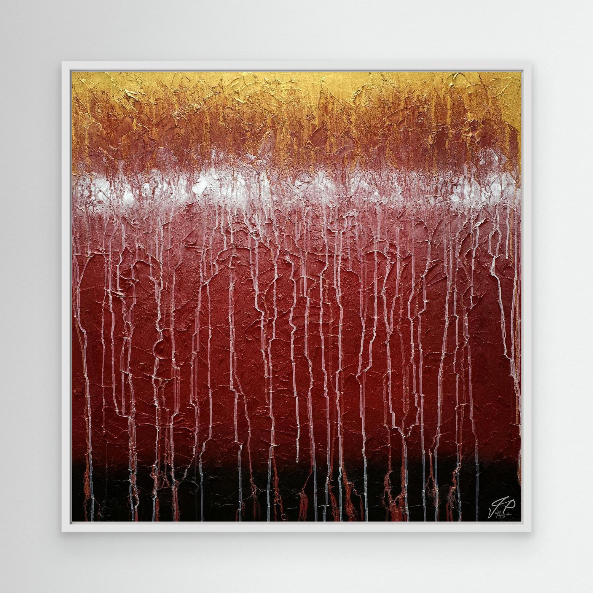 Textured abstract painting with horizontal bands of gold, white, red, and black, featuring vertical white drip lines.