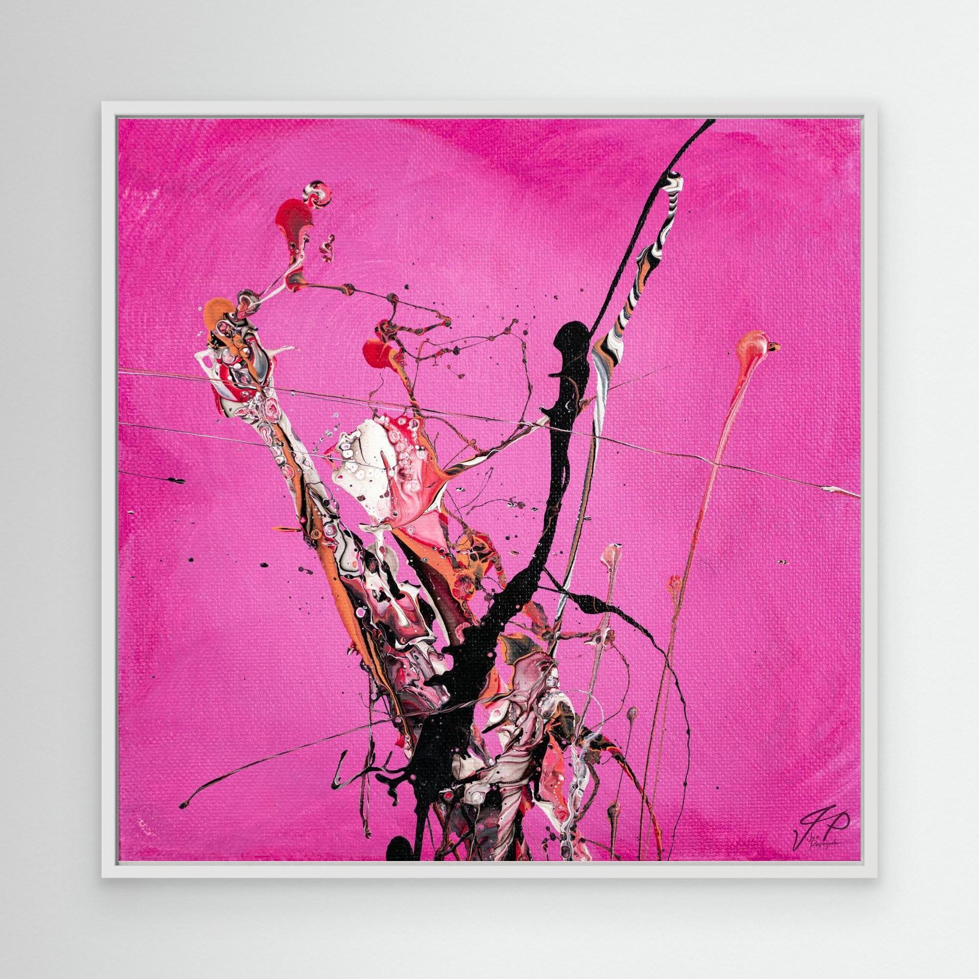A canvas print of an abstract painting with pink background and a variety of colors including black, white, and red, creating a visual abstract scene.