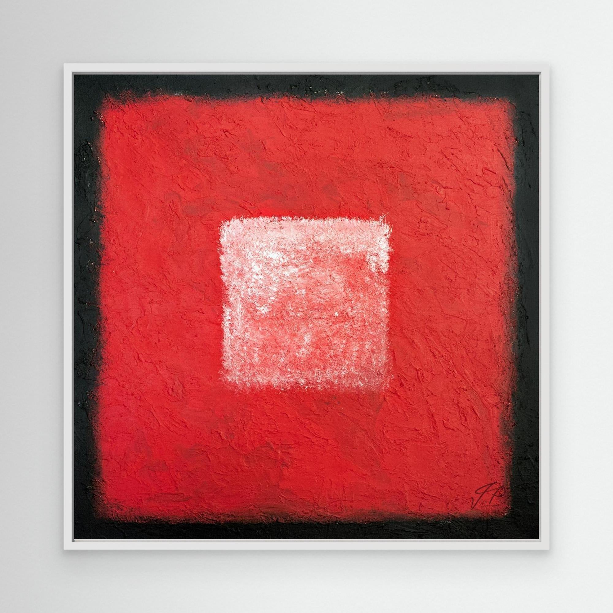 A framed canvas art print featuring a large red square with a smaller white square in the center, set against a black background.