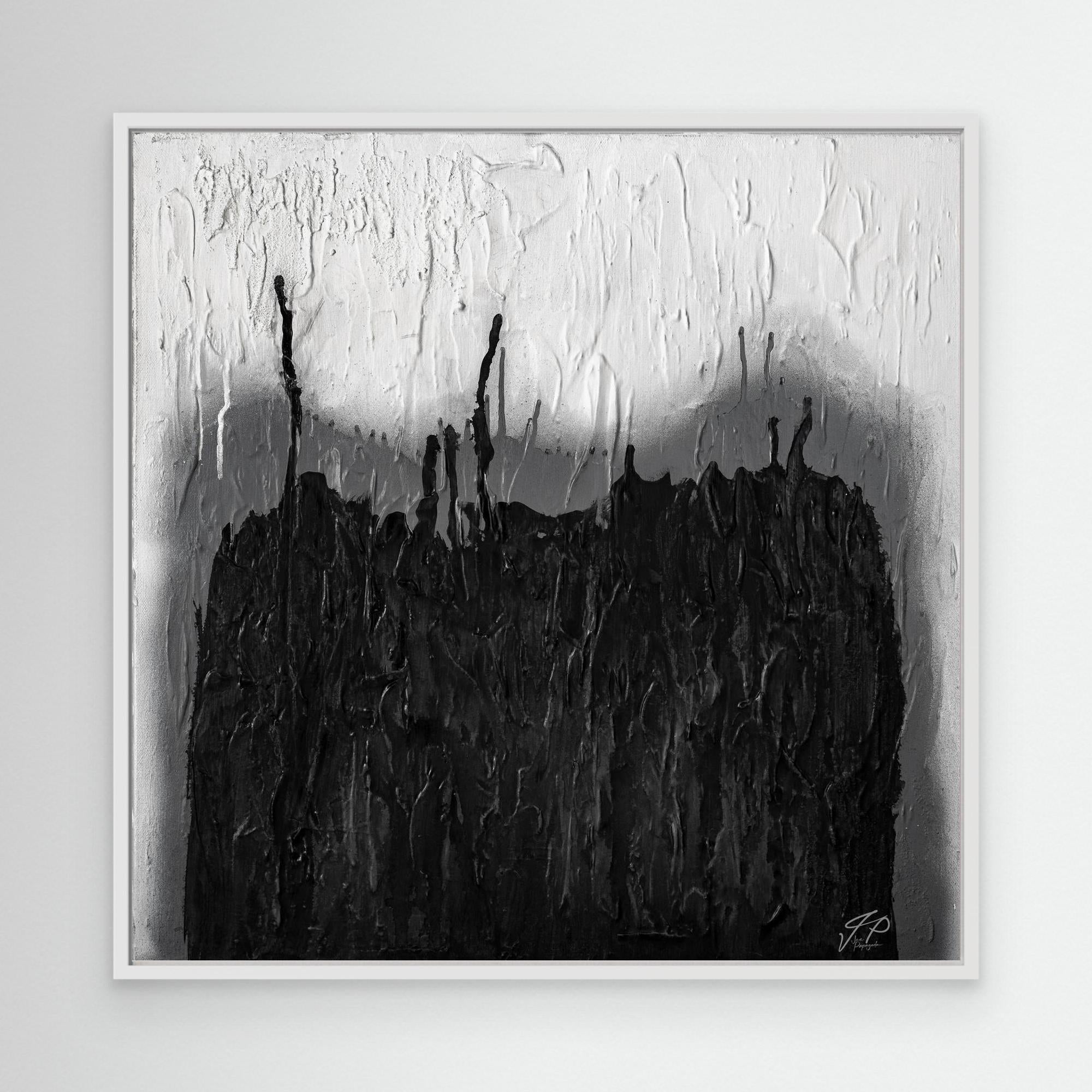 A museum-quality canvas print featuring an abstract black and white painting, predominantly featuring black tones with white highlights, displayed in a white frame.