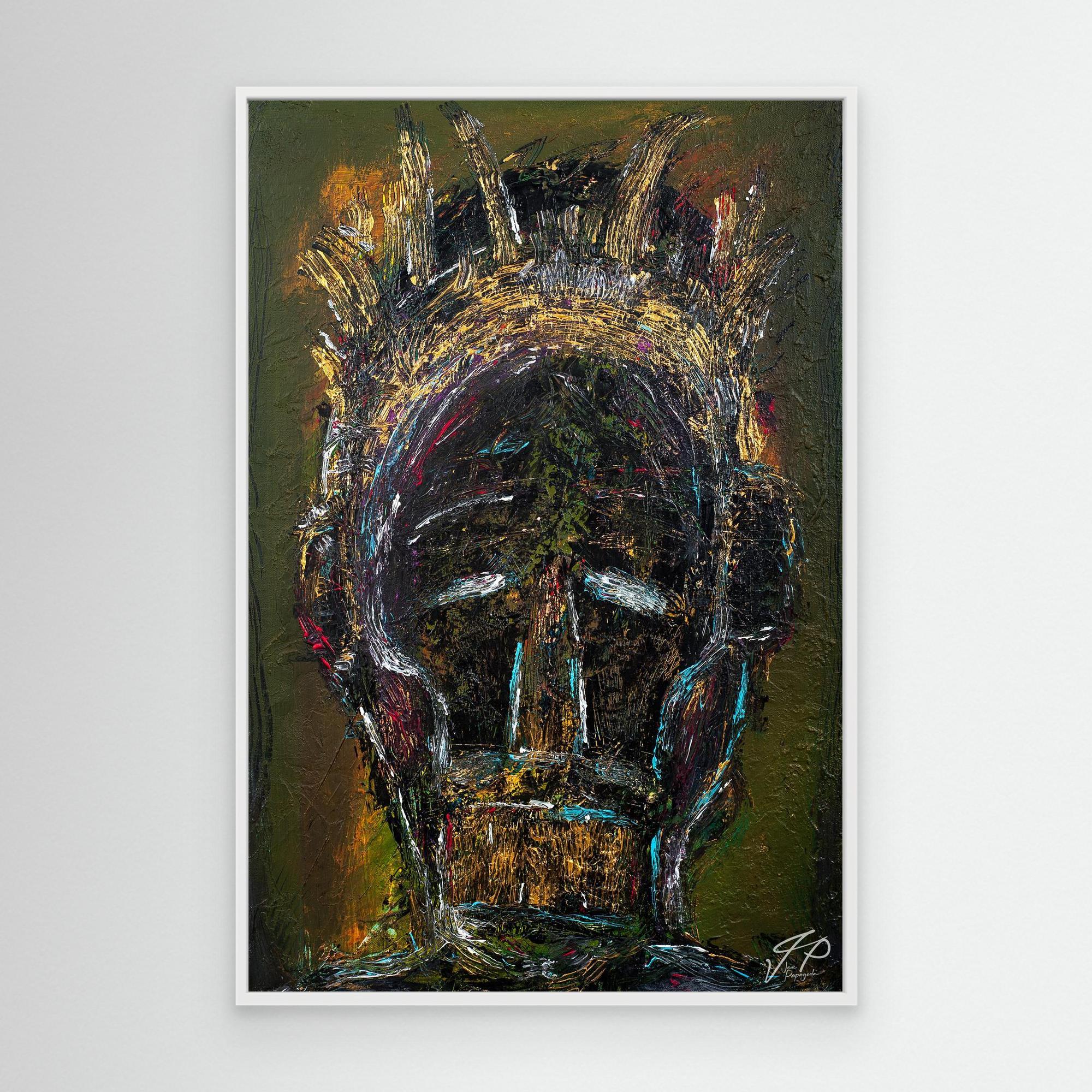 A canvas print featuring a stylized, abstract portrait with a figure crowned in shadow and gold, predominantly in dark tones with hints of beige.