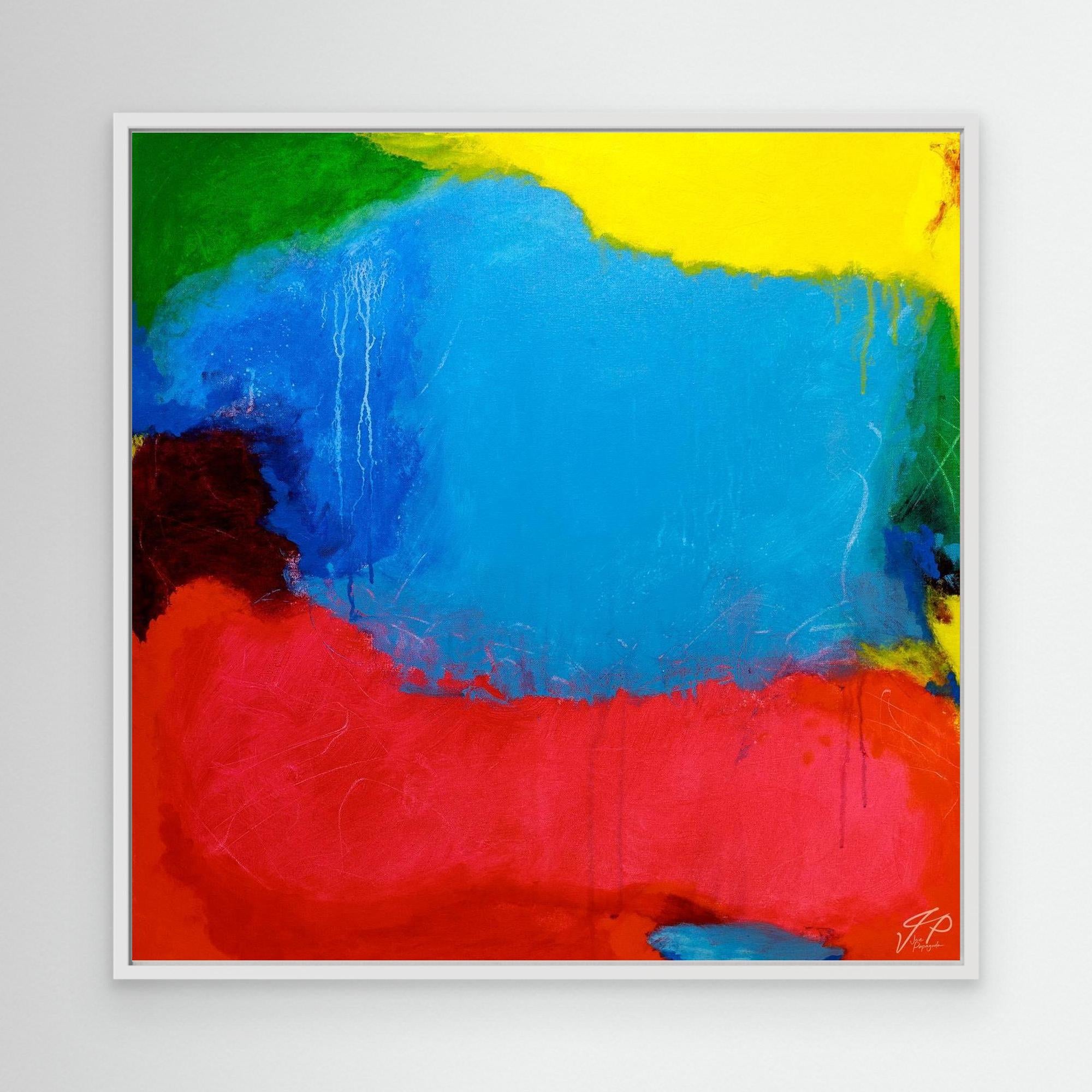 A vibrant abstract painting with prominent blue, red, and yellow colors, framed in a white frame.