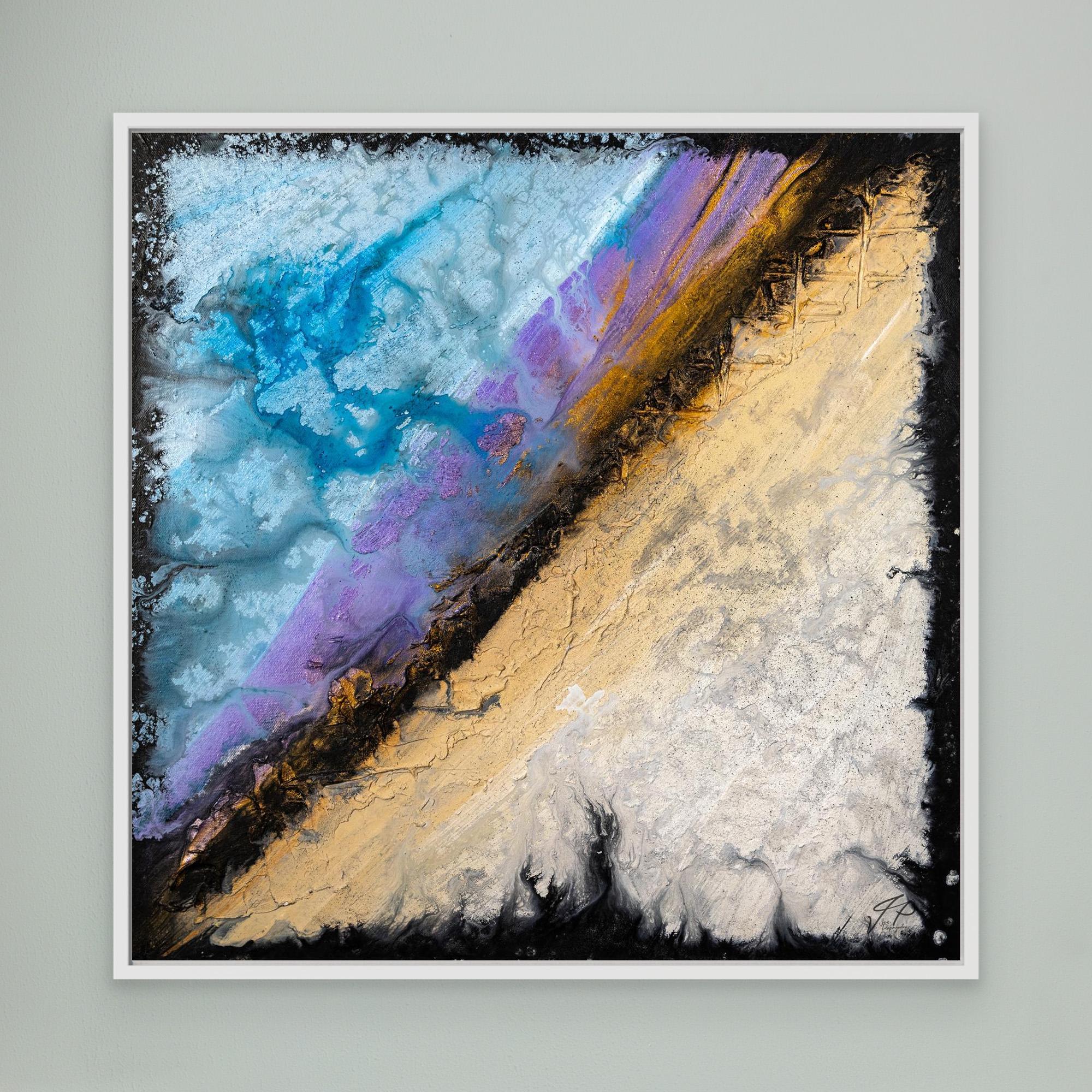 A framed museum-quality canvas print of an abstract painting with a diagonal split into two contrasting sections, one with a blue and beige pattern and the other with a brown and white pattern.