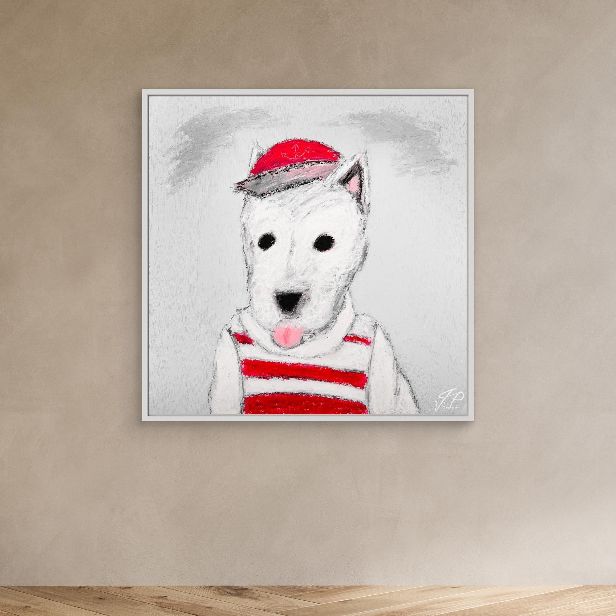 A pastel drawing of a white dog with black eyes, wearing a red cap and striped red-and-white shirt, with its tongue out.
