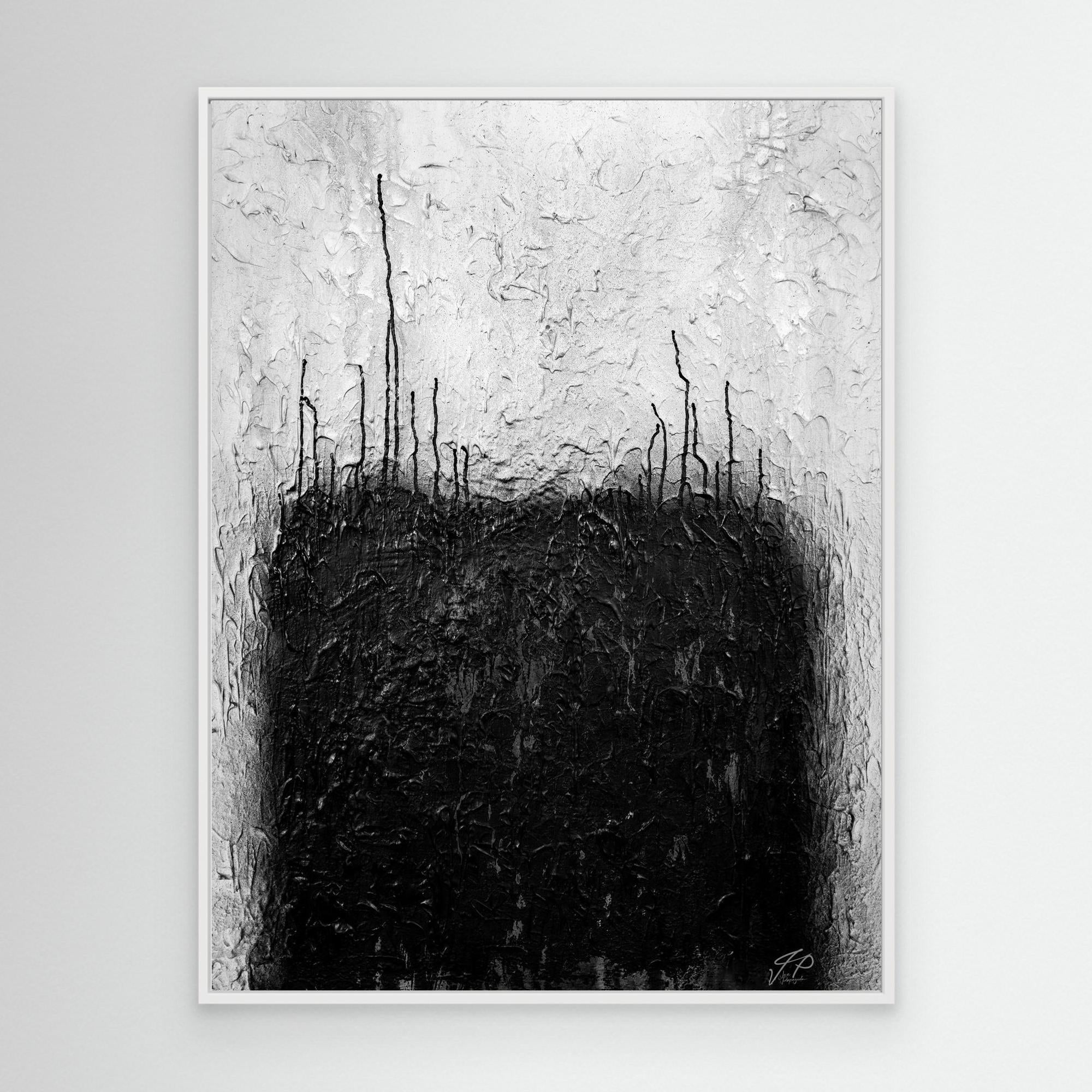A framed museum-quality canvas print of an abstract painting predominantly in black and white, with the title 'Hidden Temple'.
