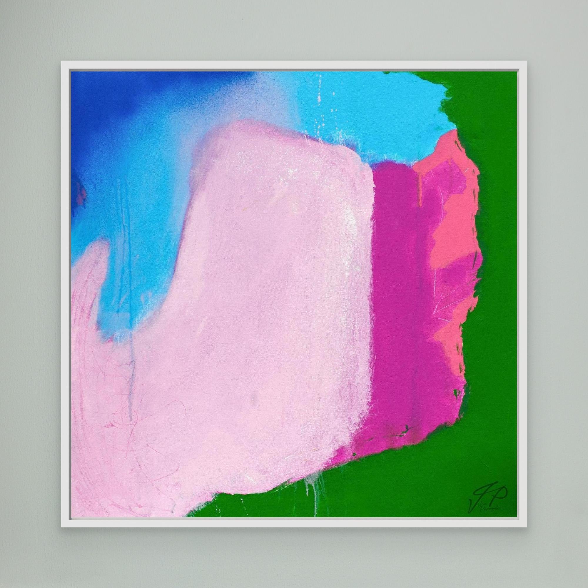 A canvas print of an abstract painting with bold colors, featuring large blocks of blue, green, pink, and red with a white frame.