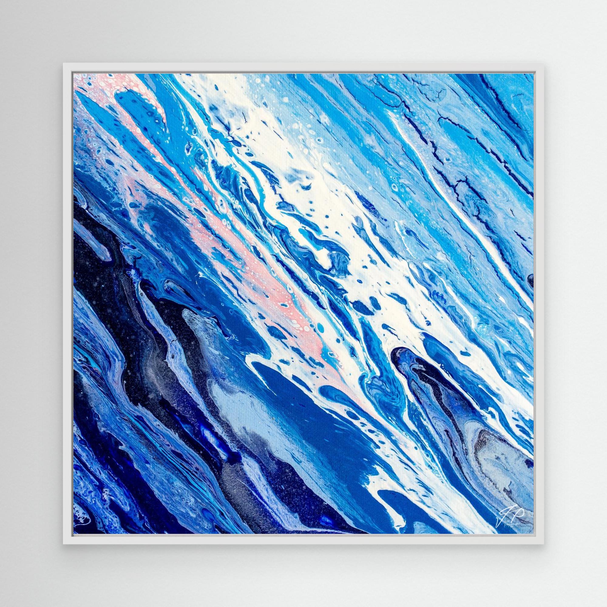 Abstract wall art with swirling blue, white, and hints of pink paint, resembling flowing water or waves.