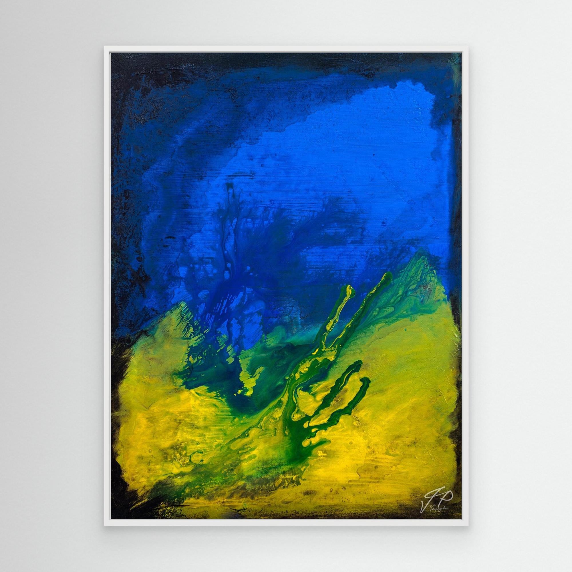 A canvas print featuring an abstract painting with blue and yellow tones, with a darker blue area at the top and a green and yellow area at the bottom.