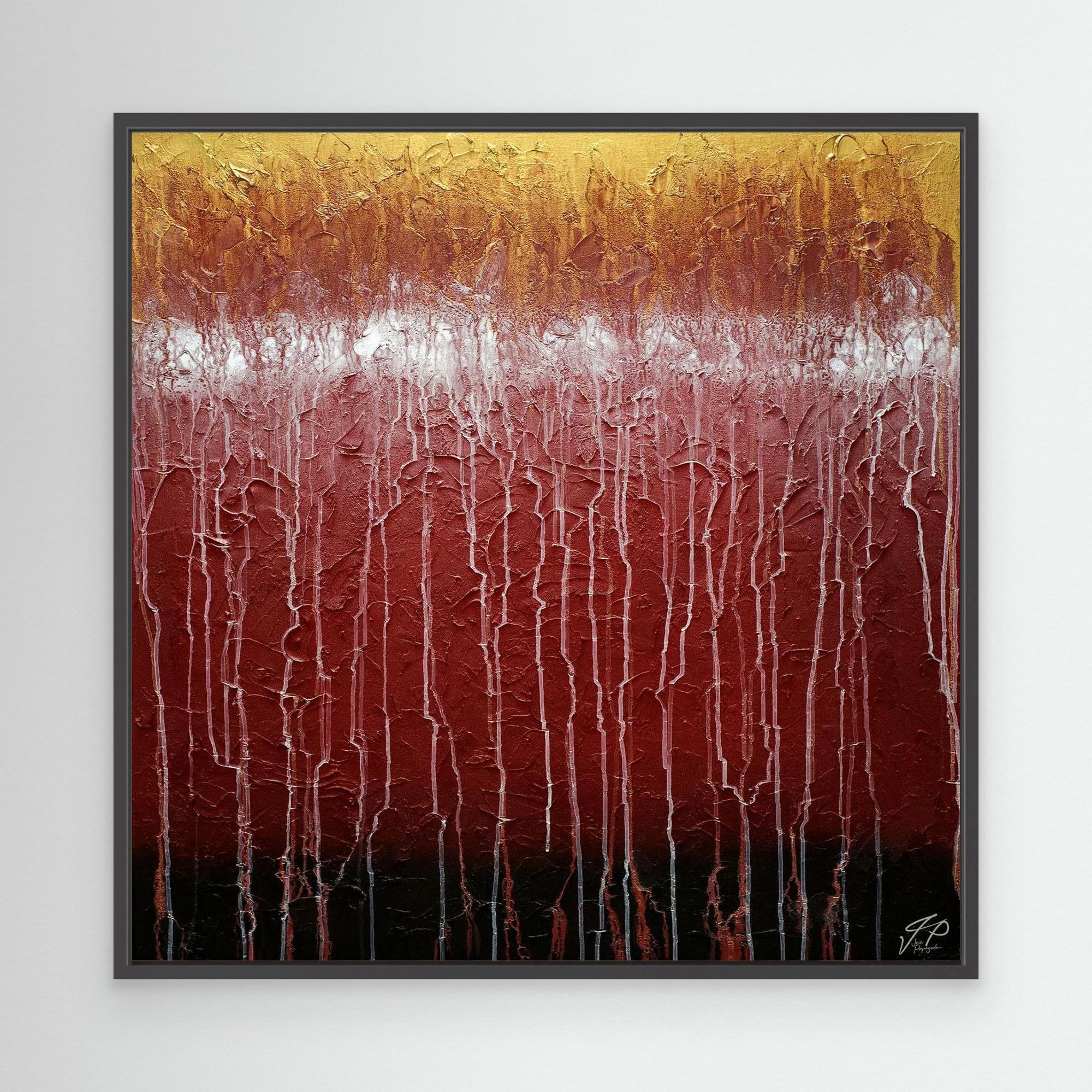 Textured abstract painting with horizontal bands of gold, white, red, and black, featuring vertical white drip lines.