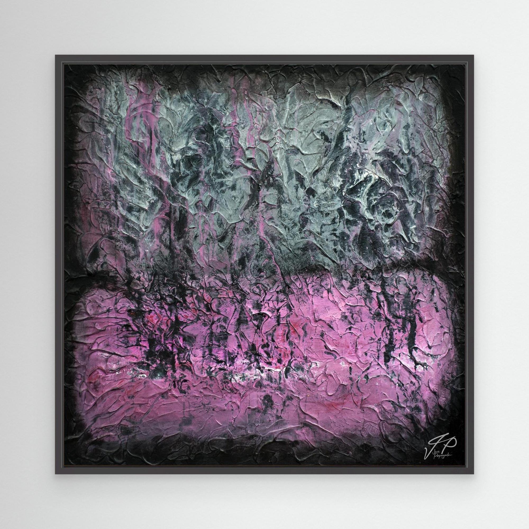Textured abstract painting in black, gray, and pink hues with rough, cracked surface, framed in white.