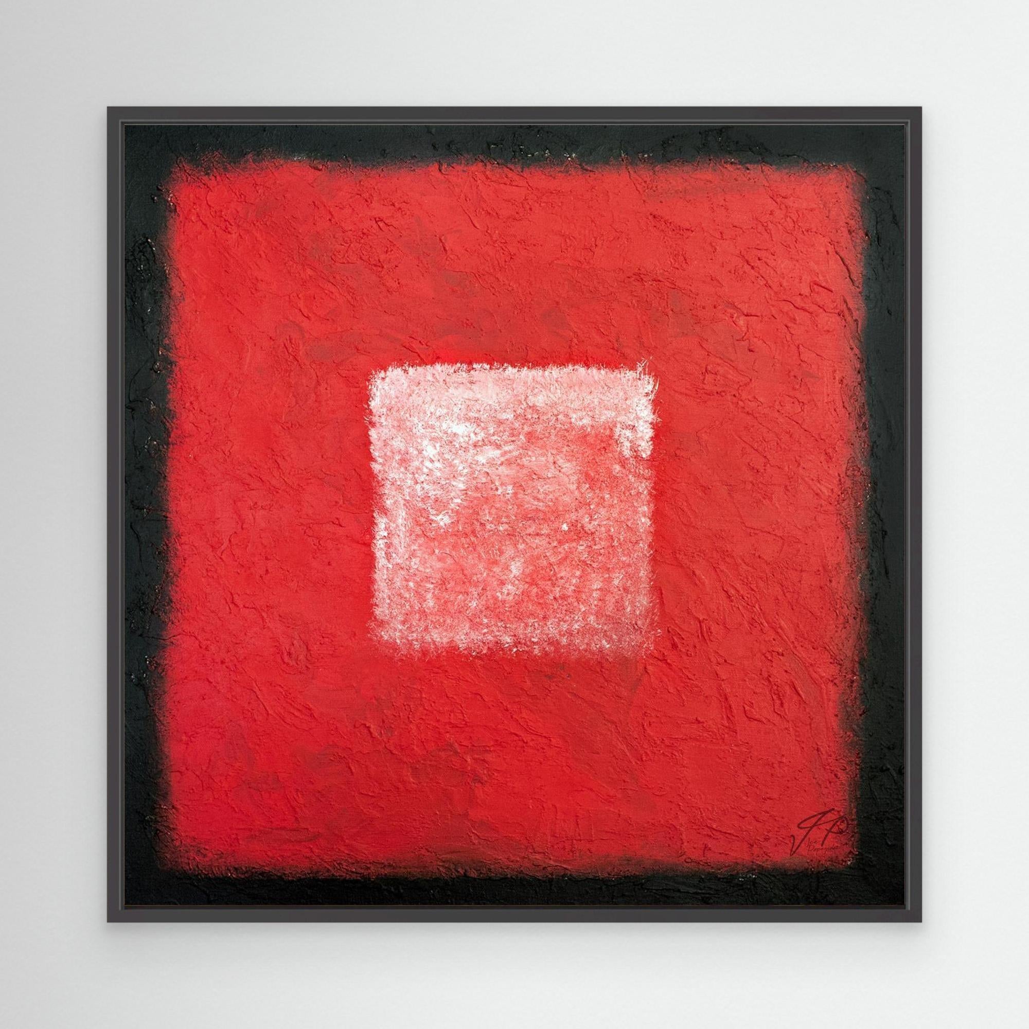 A framed canvas art print featuring a large red square with a smaller white square in the center, set against a black background.