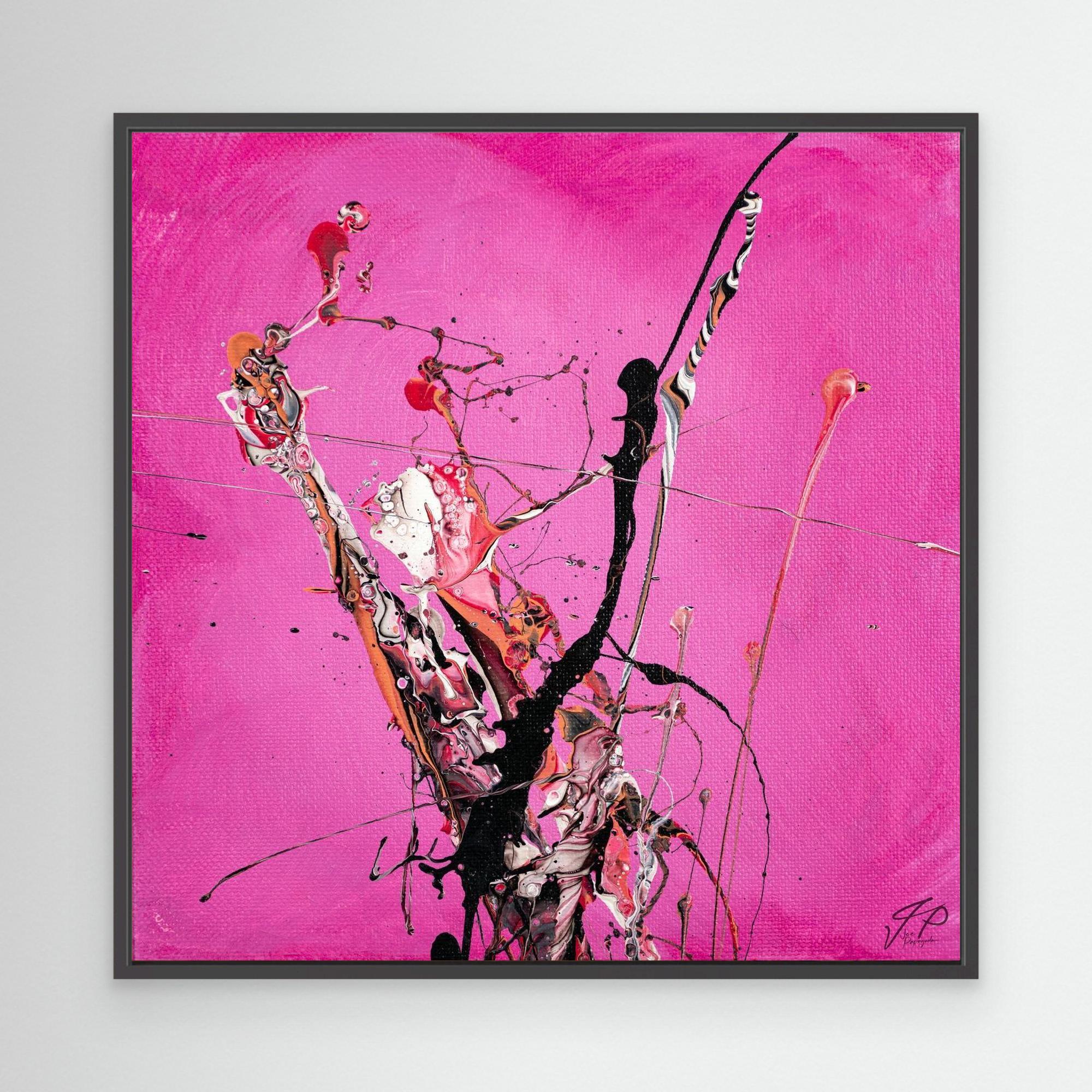 Abstract painting with expressive black, white, and red brushstrokes on a vibrant pink background, in a white frame.