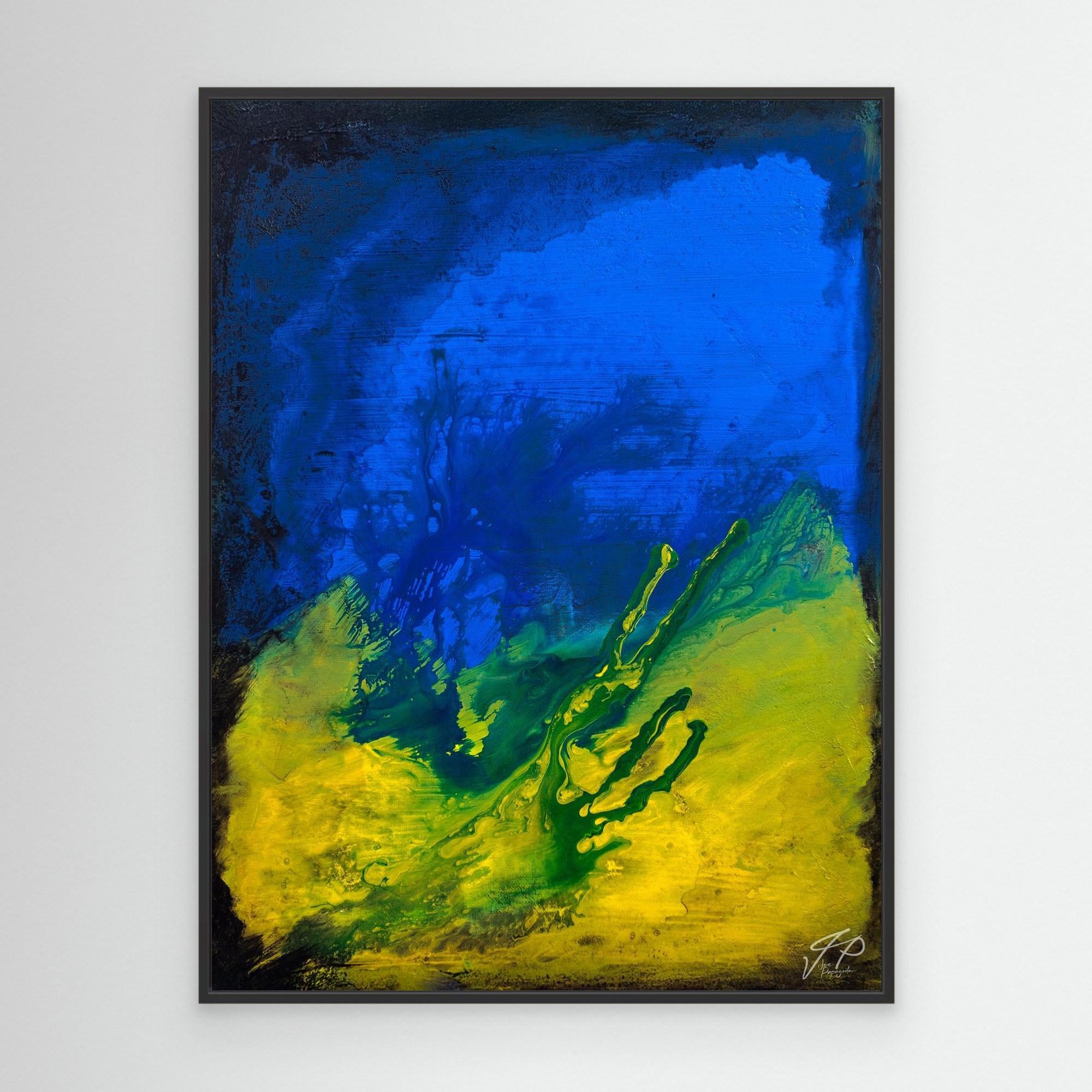 A canvas print featuring an abstract painting with blue and yellow tones, with a darker blue area at the top and a green and yellow area at the bottom.