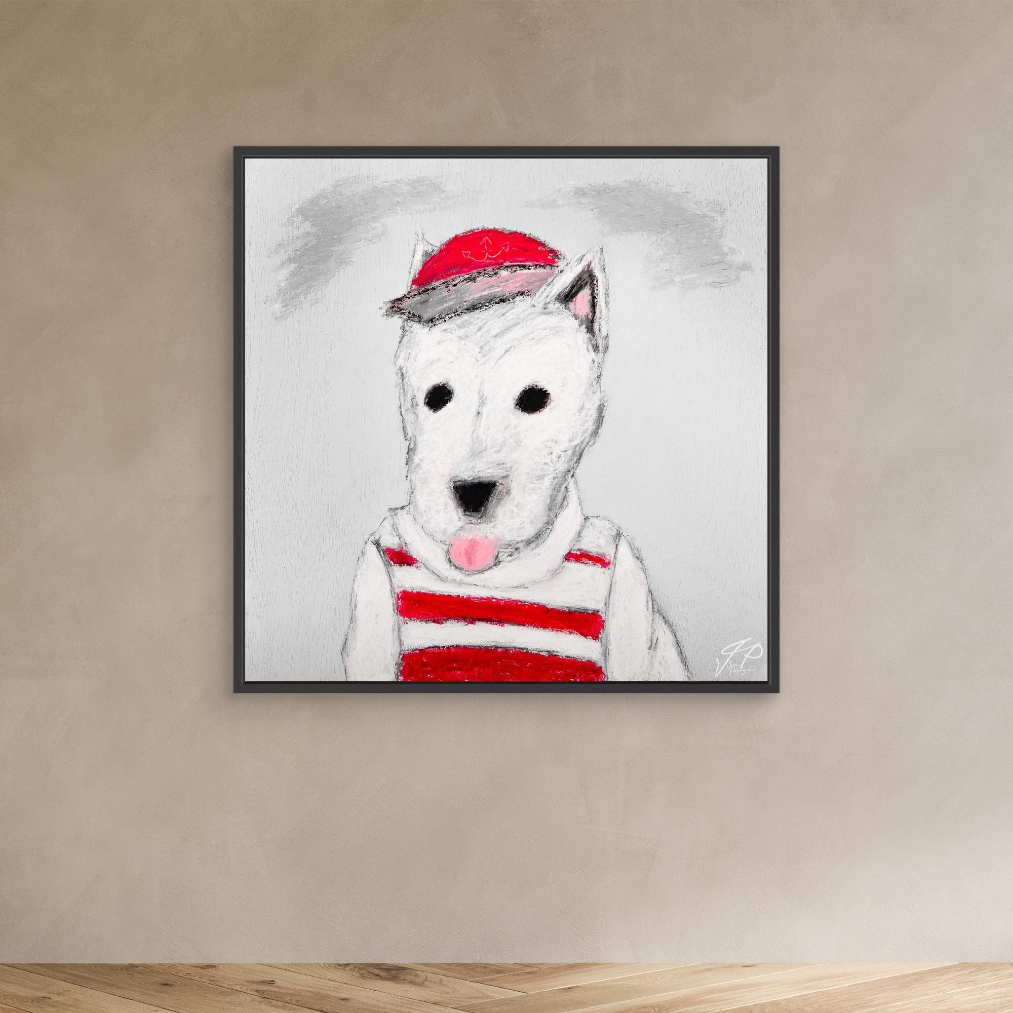A pastel drawing of a white dog with black eyes, wearing a red cap and striped red-and-white shirt, with its tongue out.