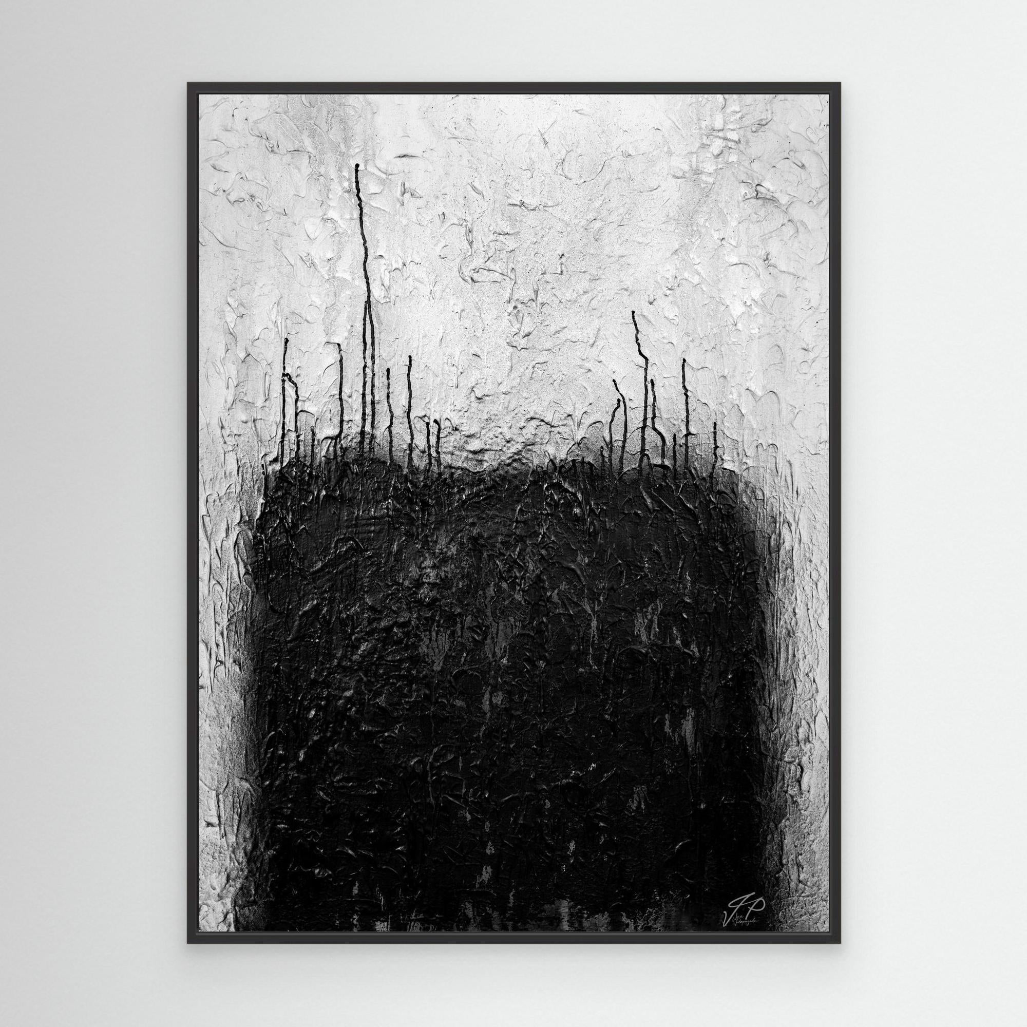 A framed museum-quality canvas print of an abstract painting predominantly in black and white, with the title 'Hidden Temple'.