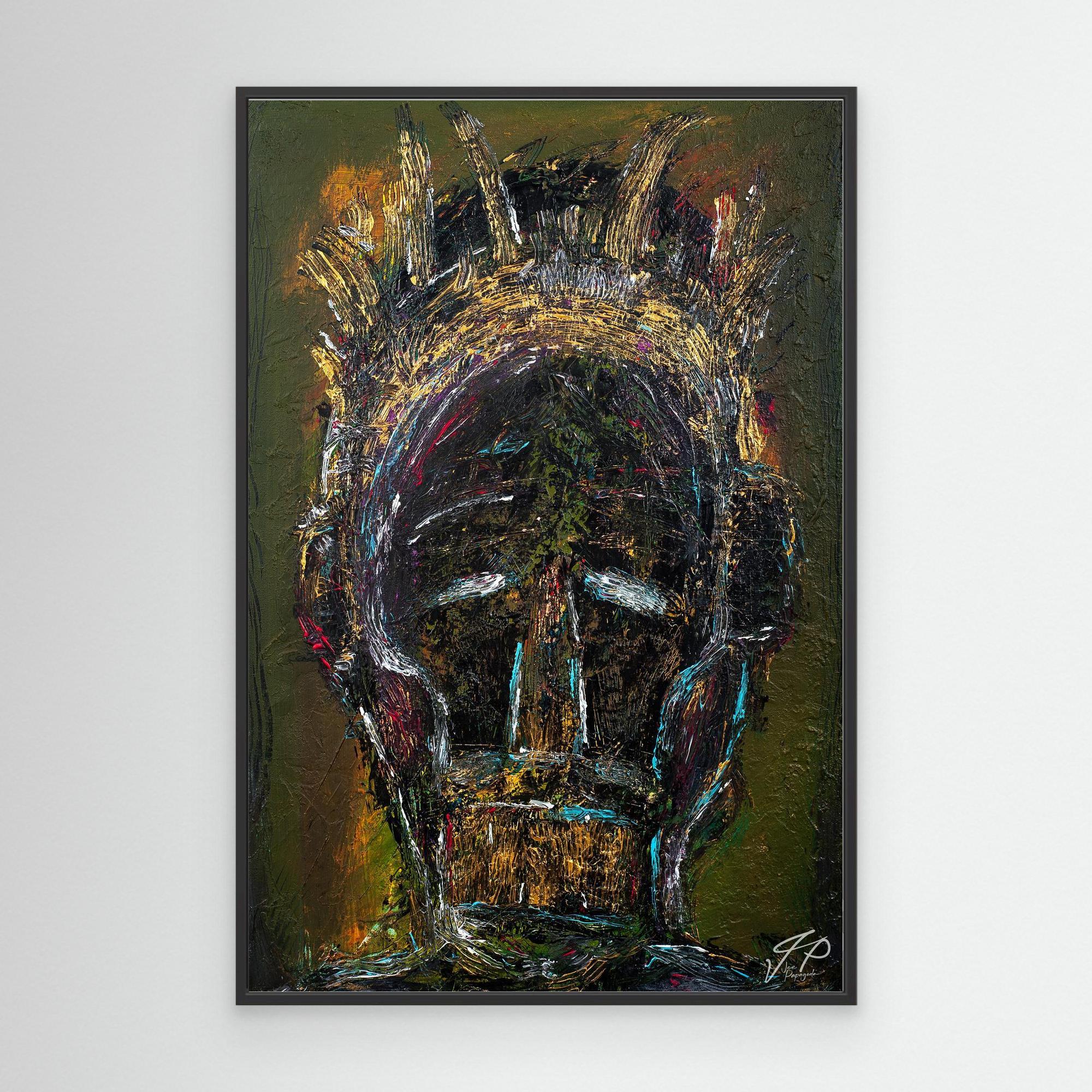 Abstract painting featuring a textured humanoid face with crown-like features in dark, earthy, and vibrant colors.
