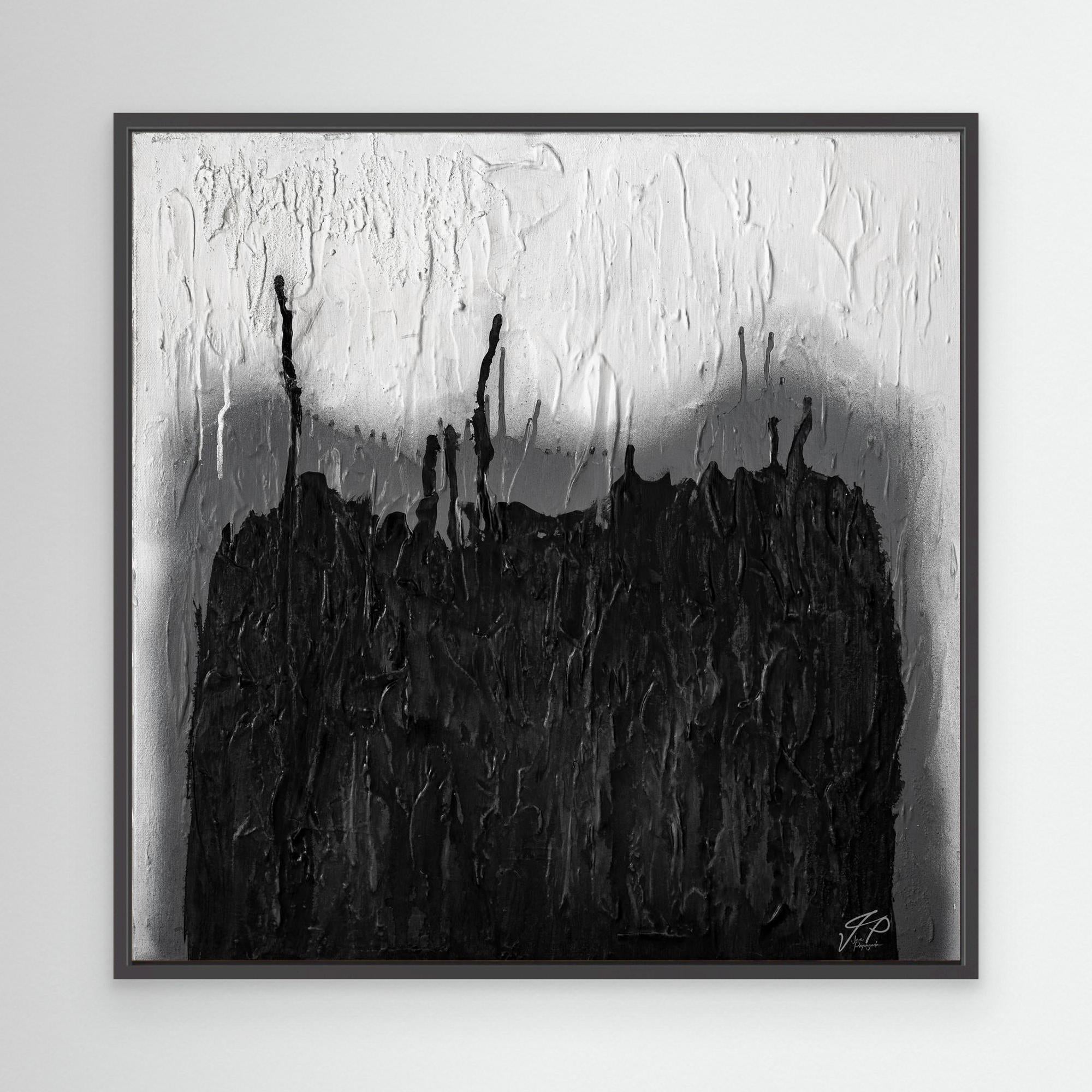 A museum-quality canvas print featuring an abstract black and white painting, predominantly featuring black tones with white highlights, displayed in a white frame.