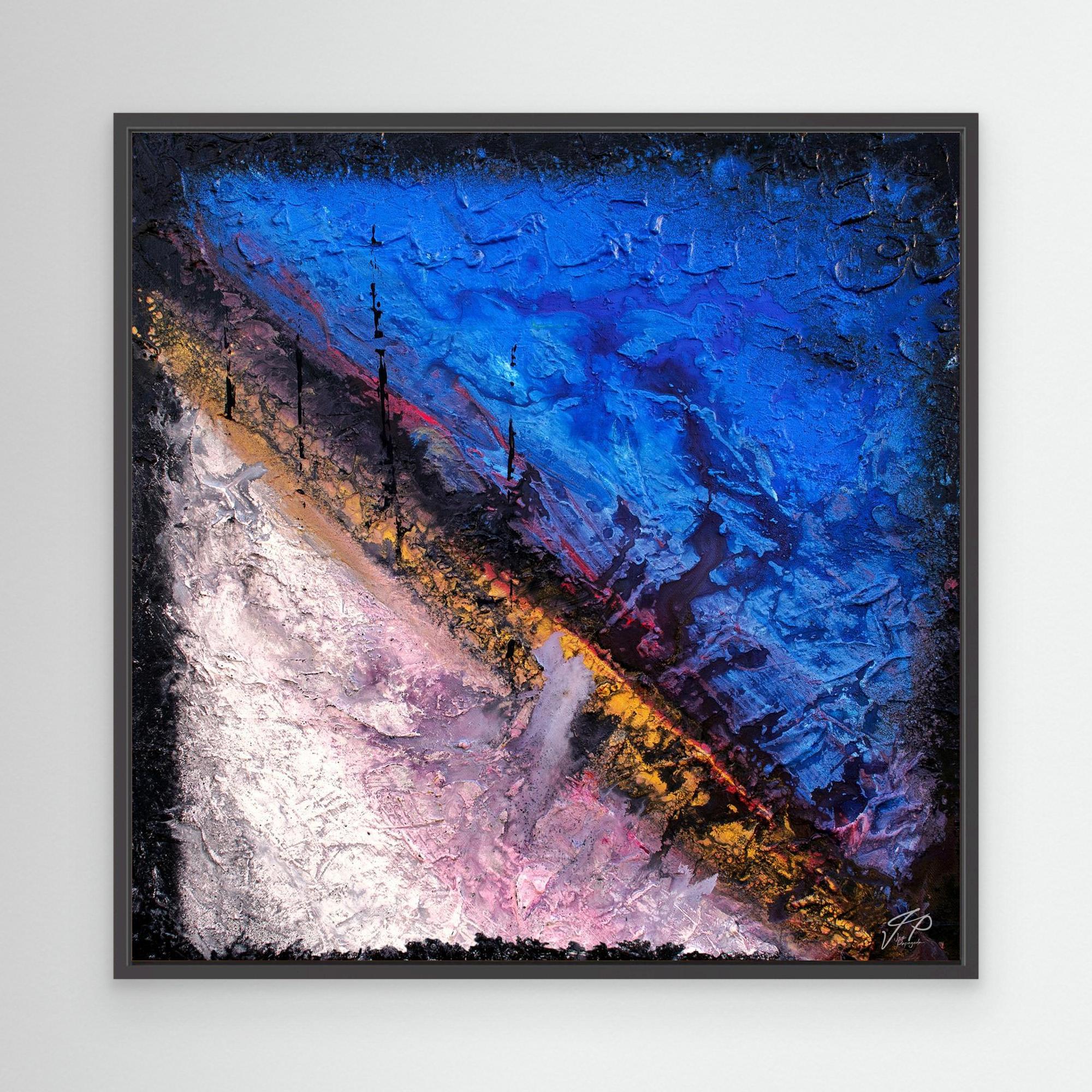 Abstract textured painting with vibrant blue, white, pink, and yellow diagonal sections in a black frame.