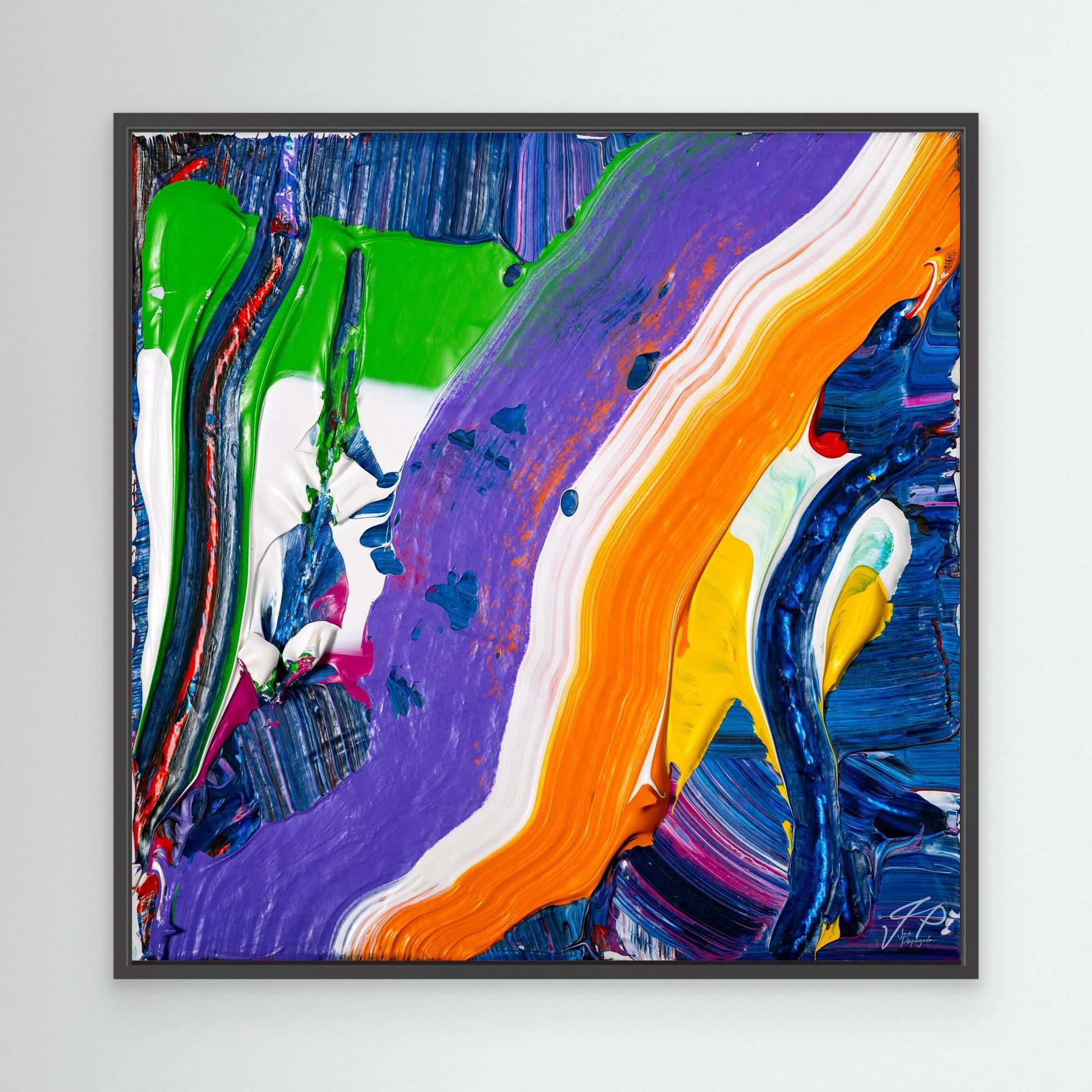 Vibrant abstract painting with sweeping strokes of purple, green, orange, yellow, white, and blue hues.