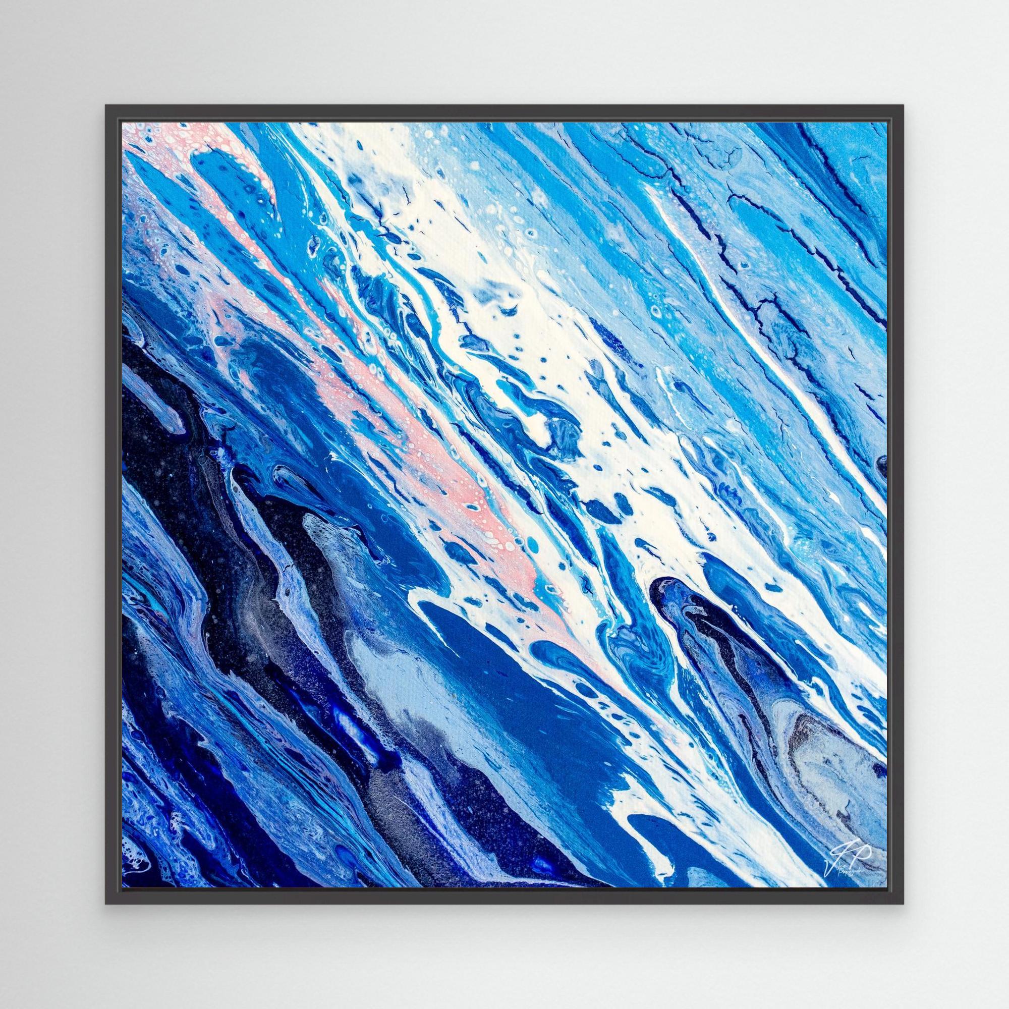 Abstract wall art with swirling blue, white, and hints of pink paint, resembling flowing water or waves.