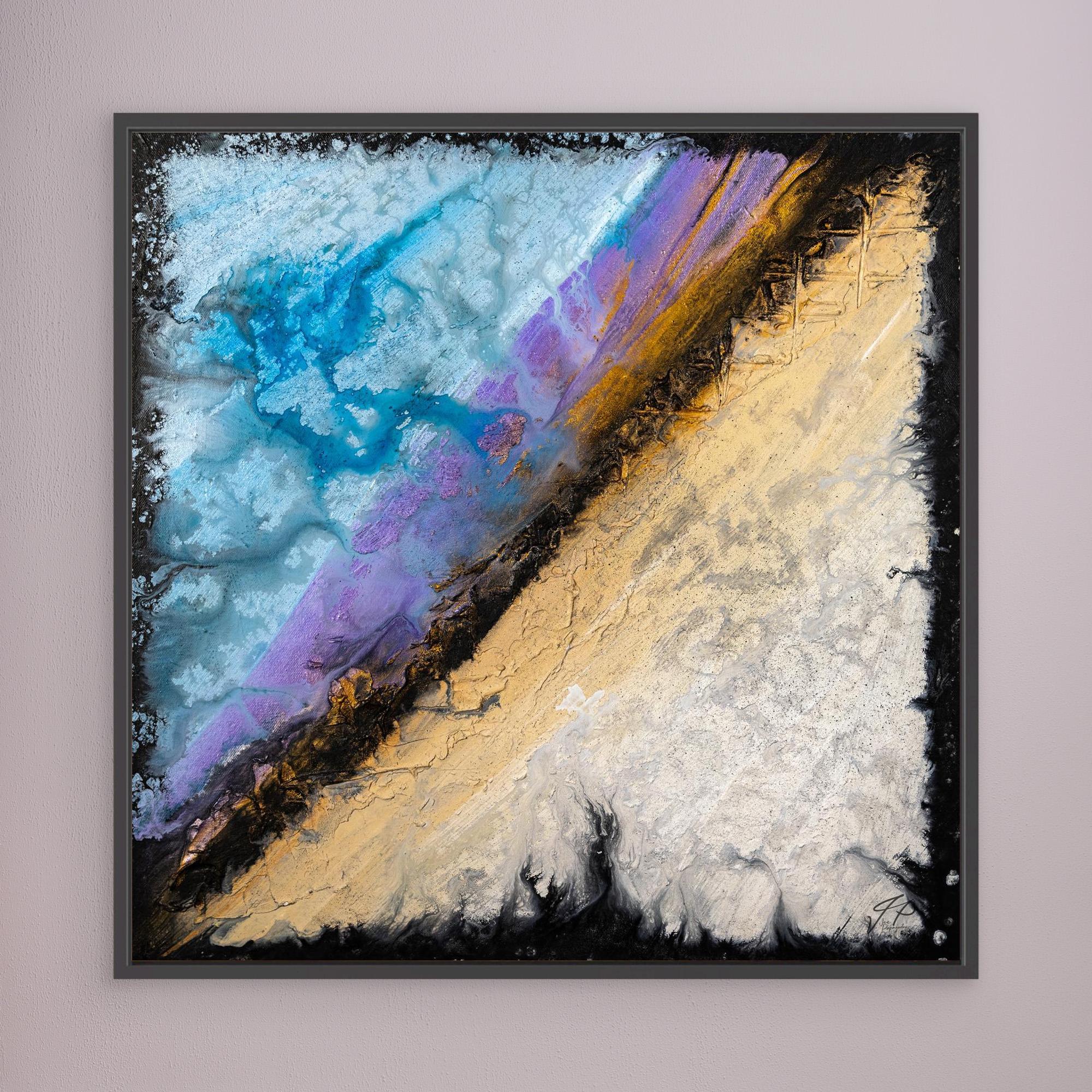 Framed abstract painting featuring blue, purple, gold, and white textured layers, creating a striking diagonal composition.