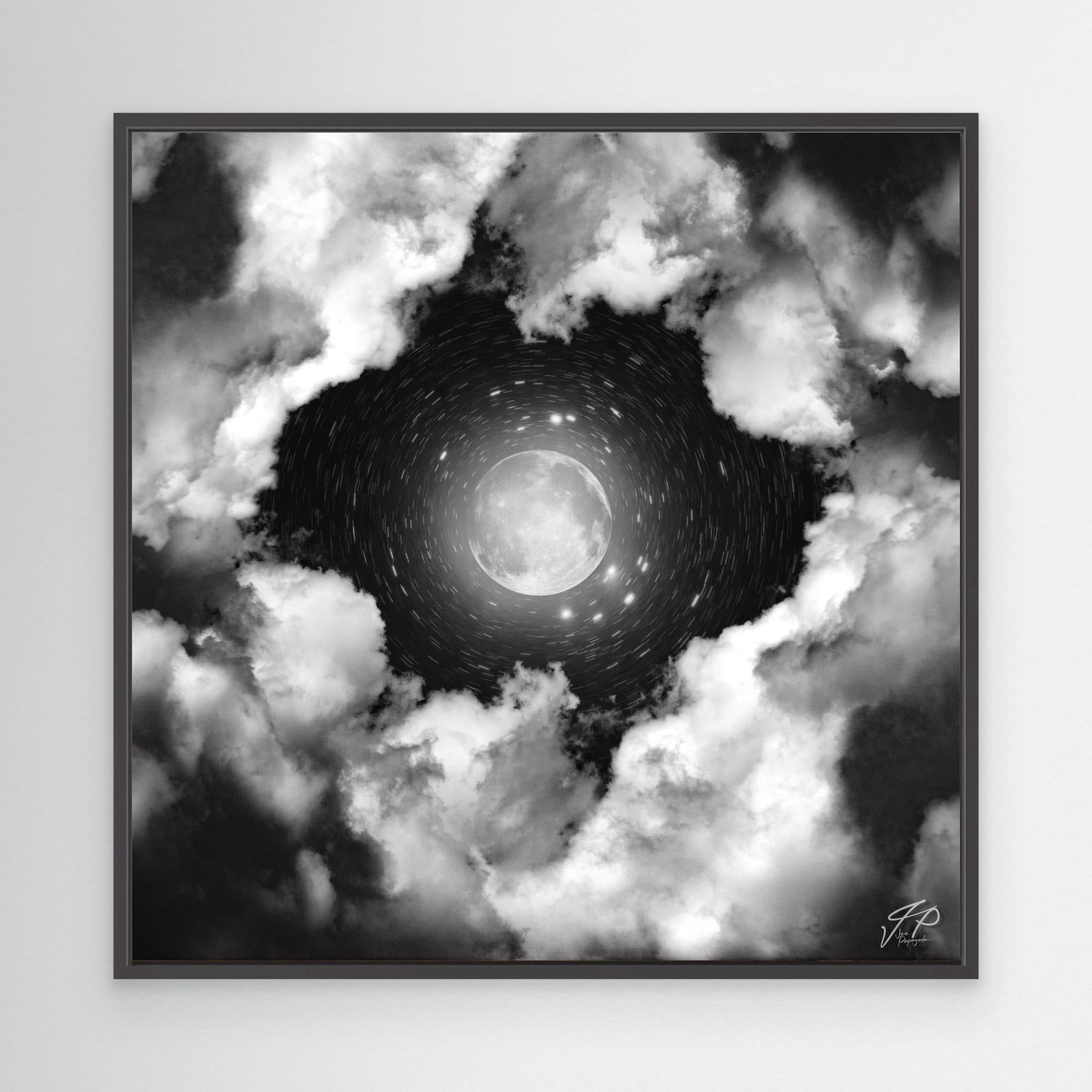 Black and white artwork of glowing full moon, swirling stars, and dramatic clouds surrounding the bright center.