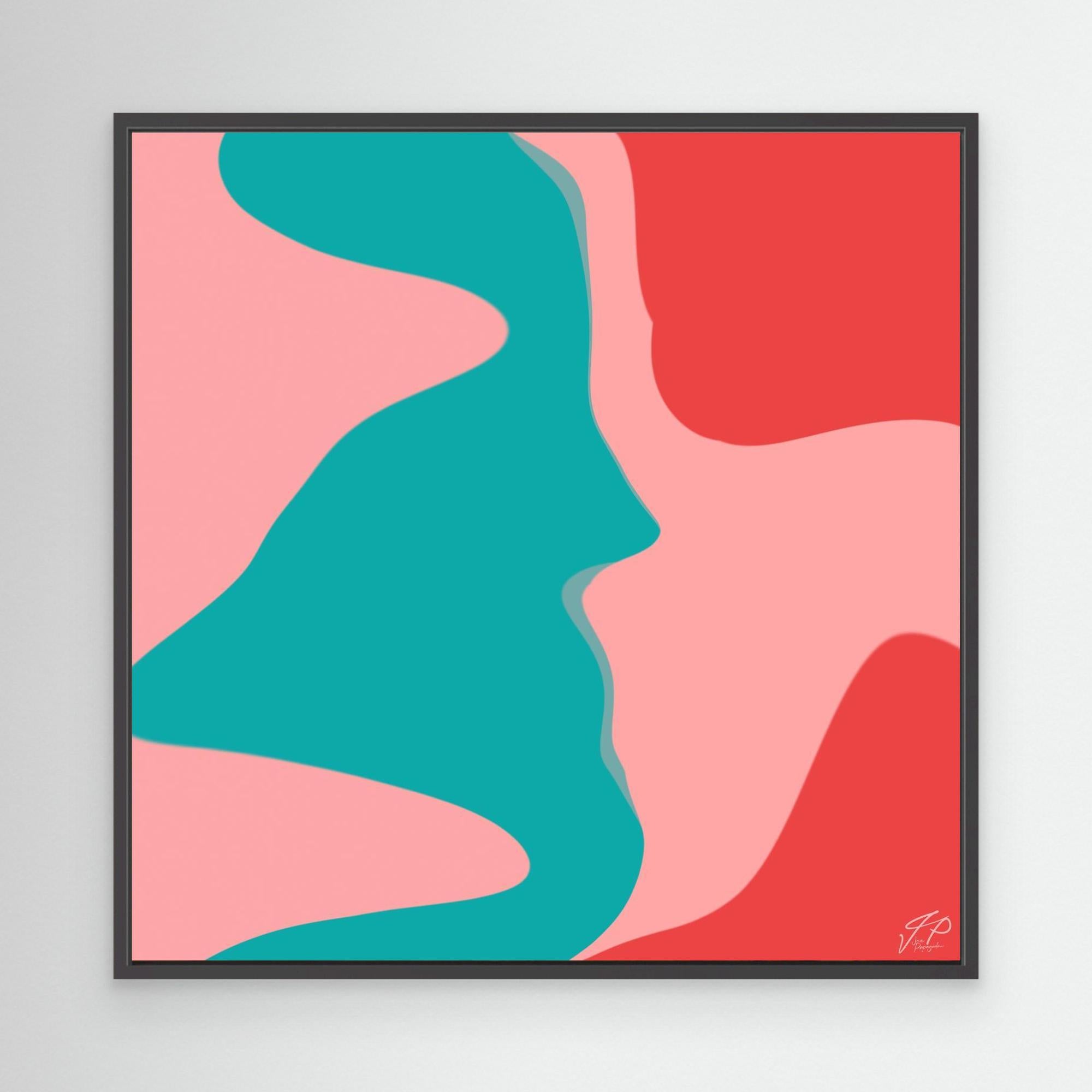 Abstract artwork with flowing teal, pink, and red shapes in a black frame on a white wall.