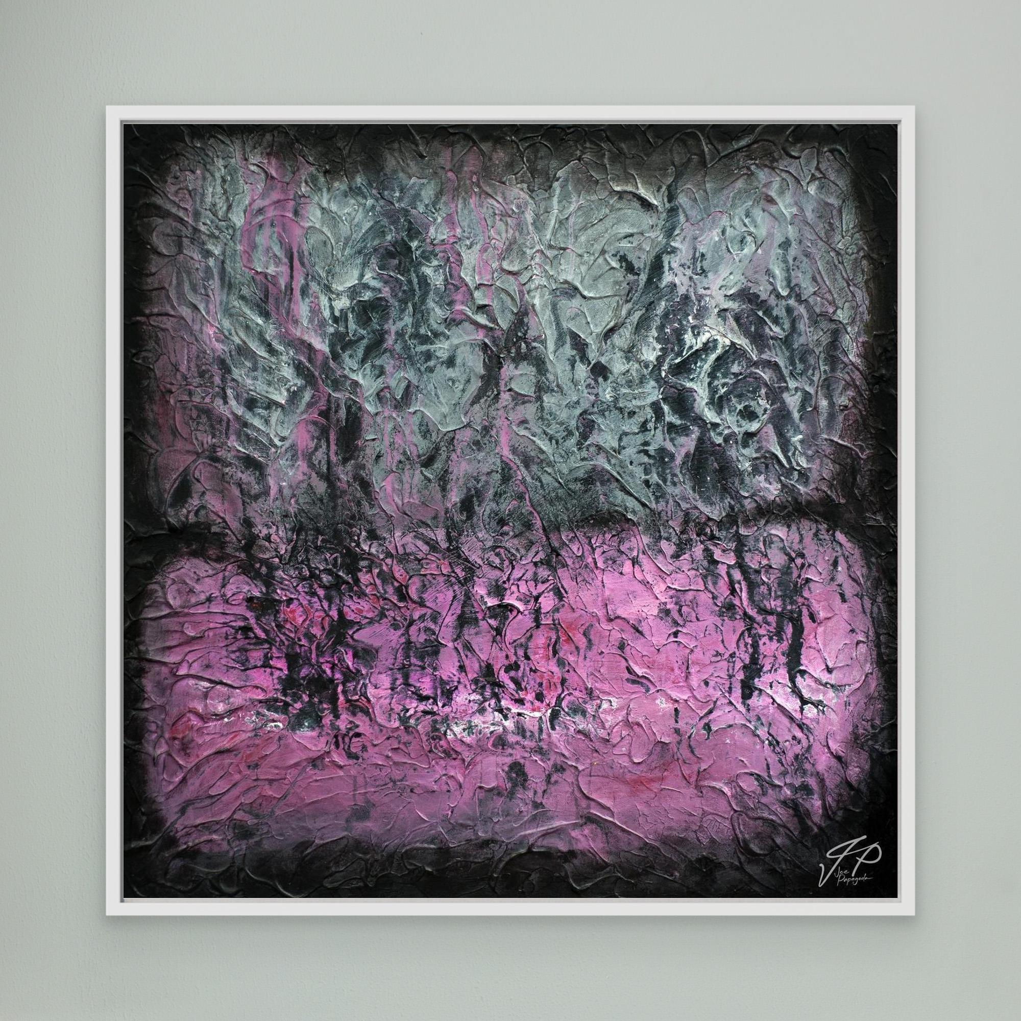 Textured abstract painting in black, gray, and pink hues with rough, cracked surface, framed in white.