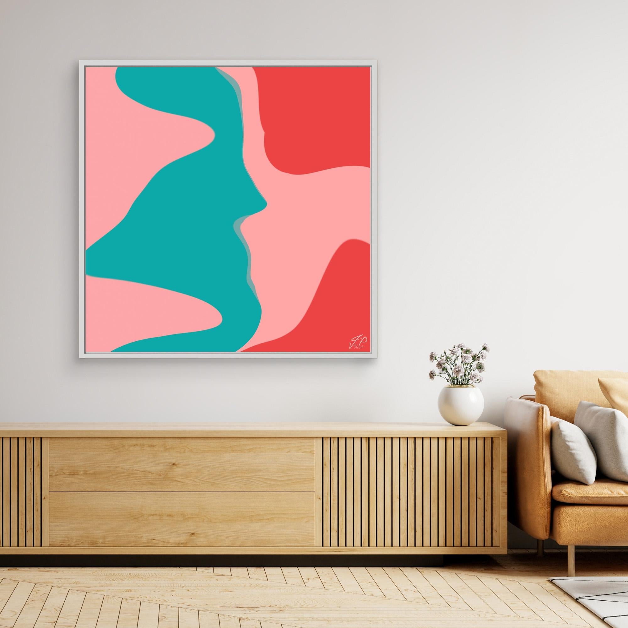 Abstract painting with teal, pink, and red shapes above wooden console, white vase, and beige sofa.