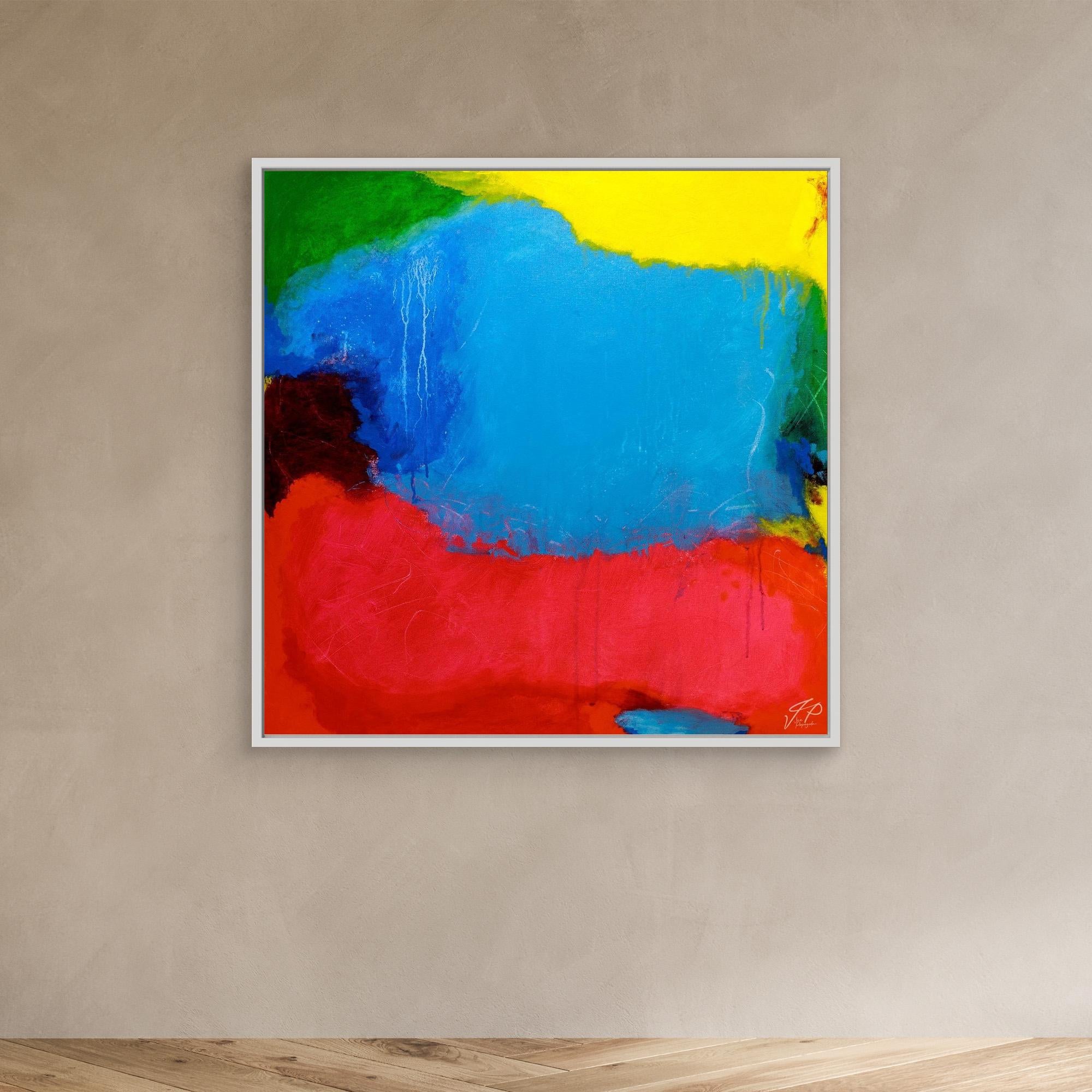 A vibrant abstract painting with prominent blue, red, and yellow colors, framed in a white frame.