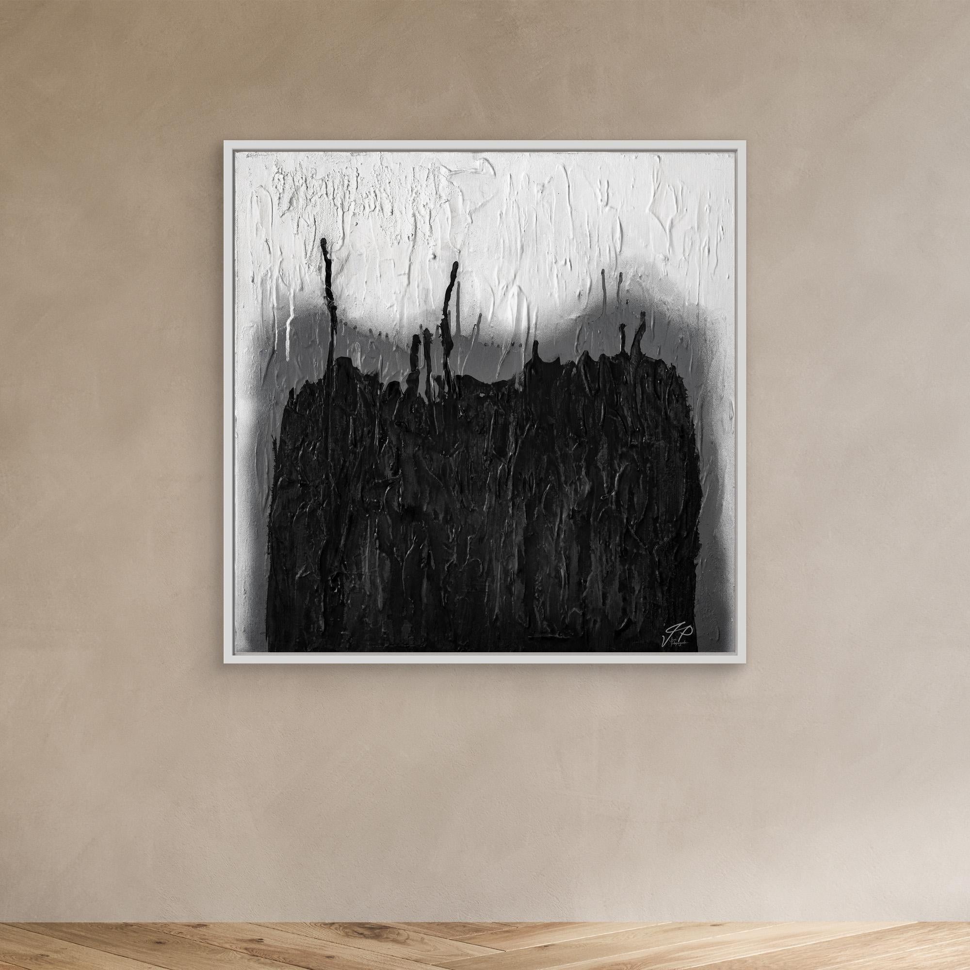 A museum-quality canvas print featuring an abstract black and white painting, predominantly featuring black tones with white highlights, displayed in a white frame.