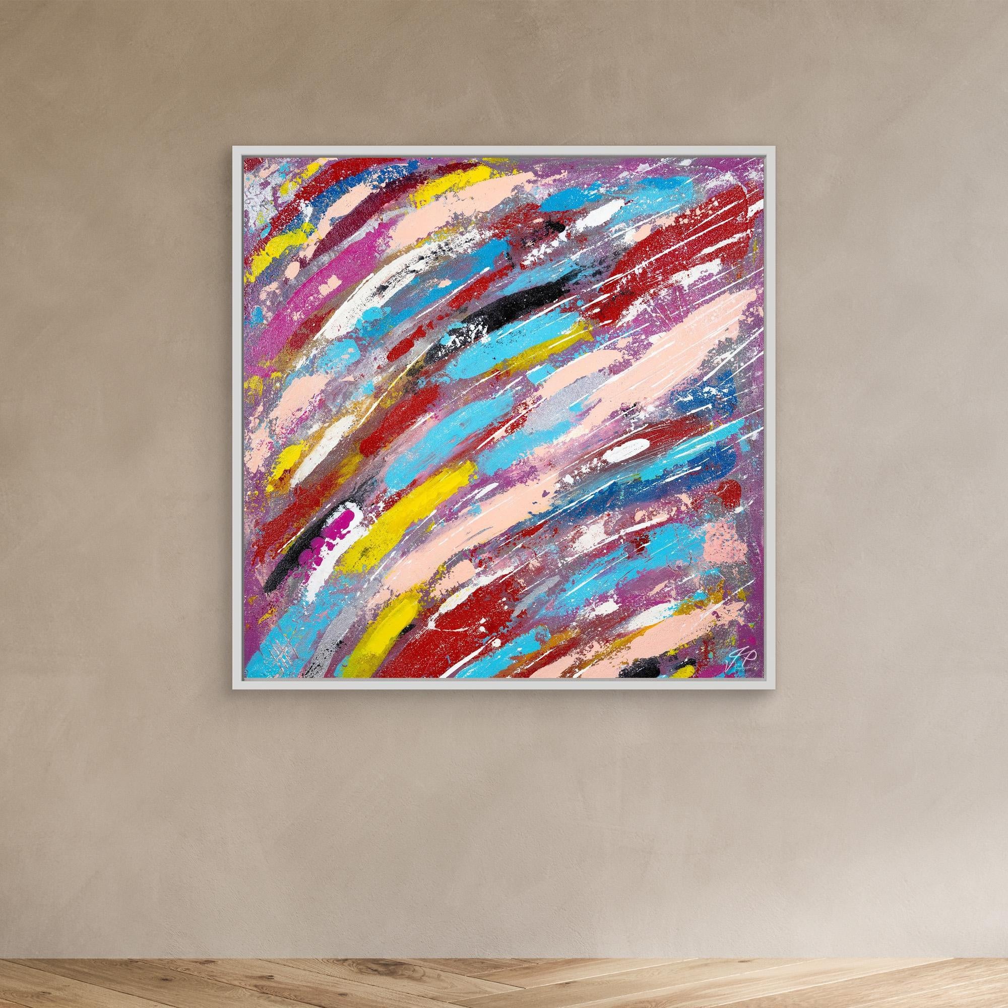 Abstract painting with dynamic, colorful streaks of yellow, blue, pink, red, and white, framed in white.