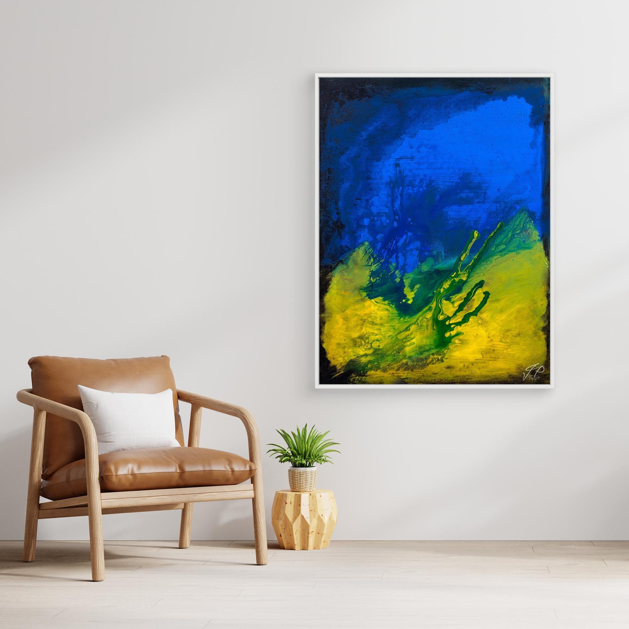 Minimalist living space with tan leather chair, plant, and large abstract blue and yellow painting on a white wall.