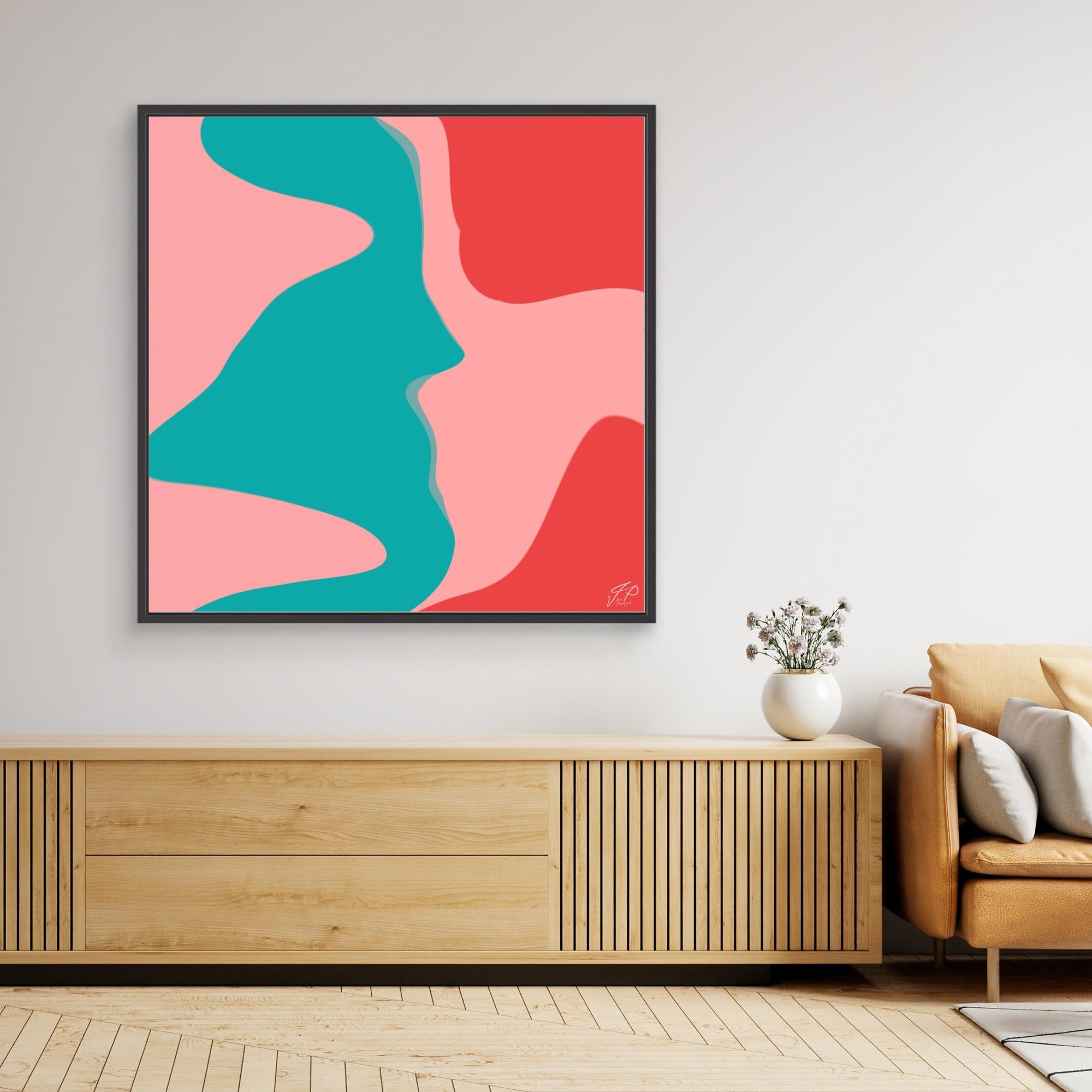 Abstract painting with teal, pink, and red shapes above wooden console, white vase, and beige sofa.
