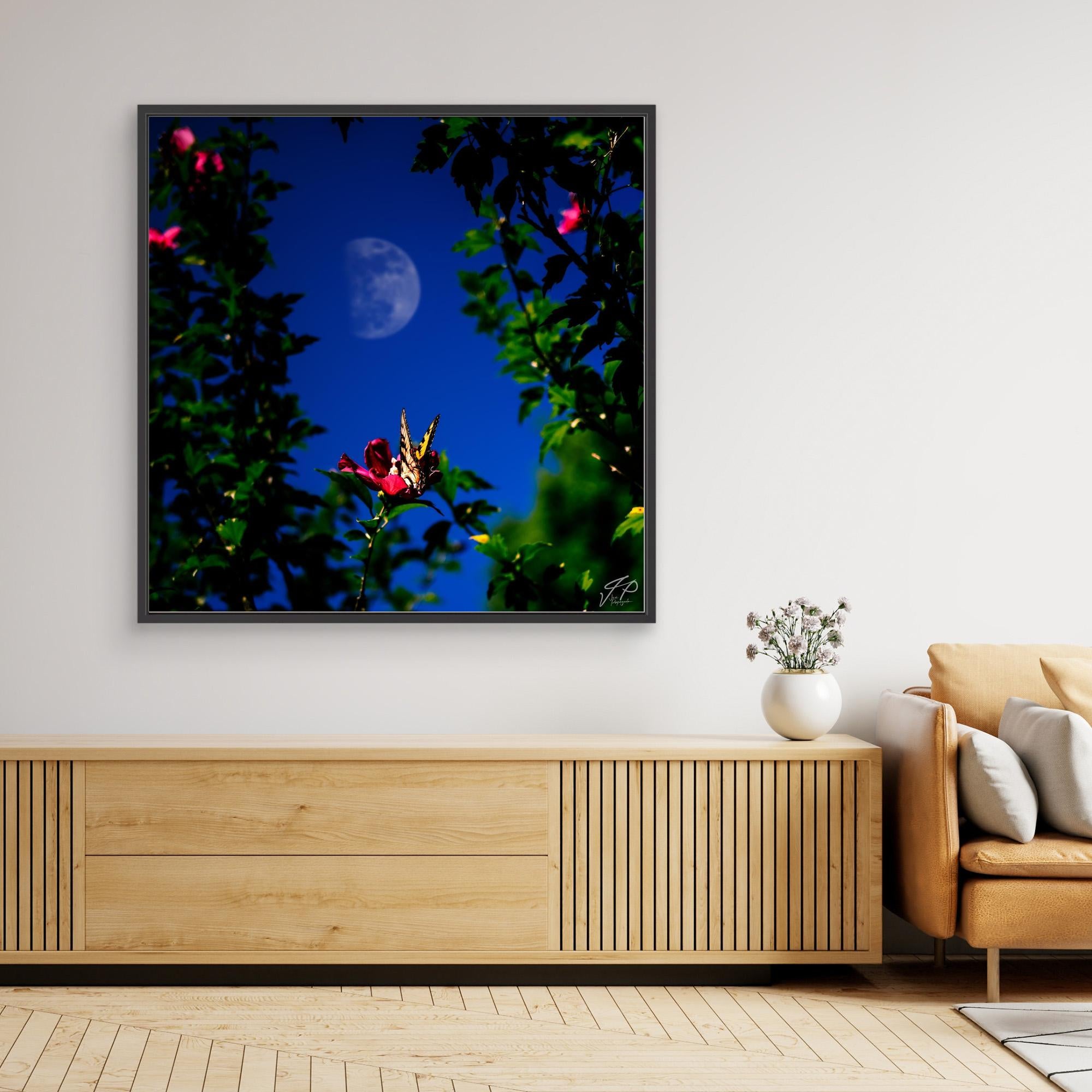 Framed artwork of a flower and leaves silhouetted against a blue sky with visible moon, beside leather chair.